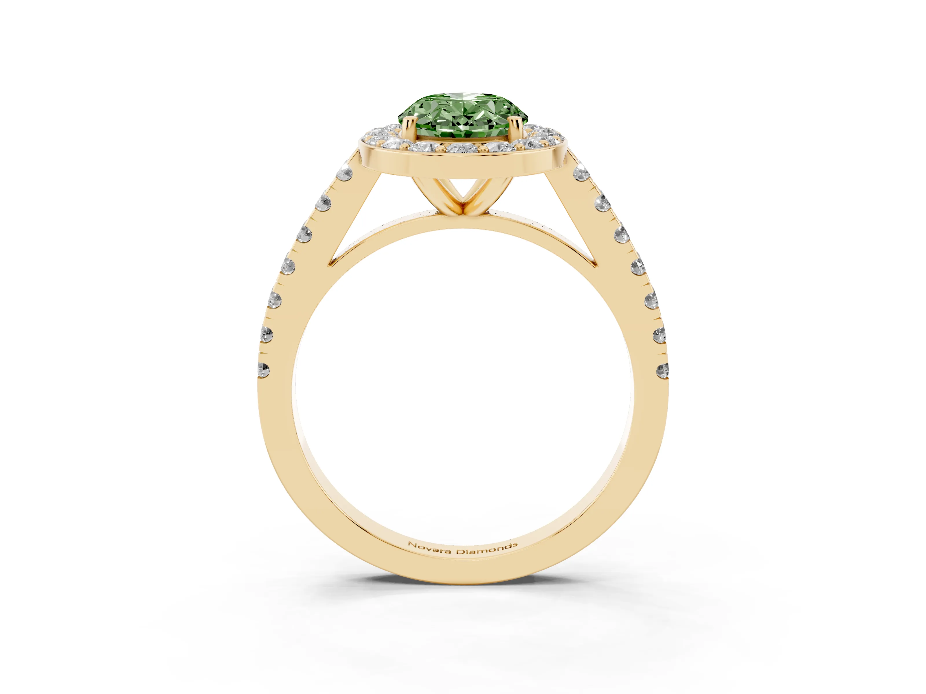 Fancy Green Oval Cut Diamond Halo Ring Set in Yellow gold with Round Pavé Split Shank and Prong Setting