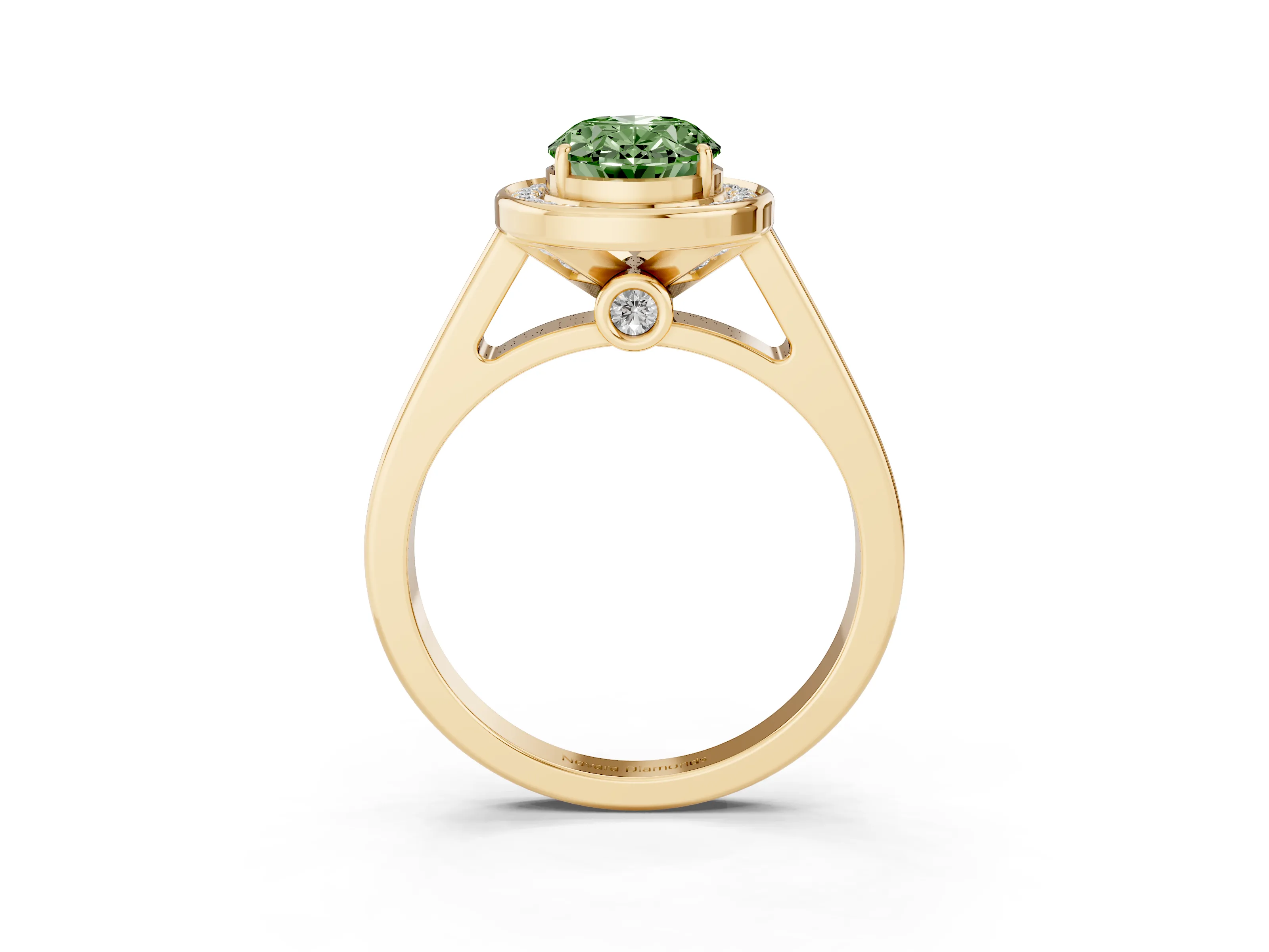 Fancy Green Oval Cut Diamond Halo Solitaire Ring Set in Yellow gold with Pavé Band and Bezel Setting