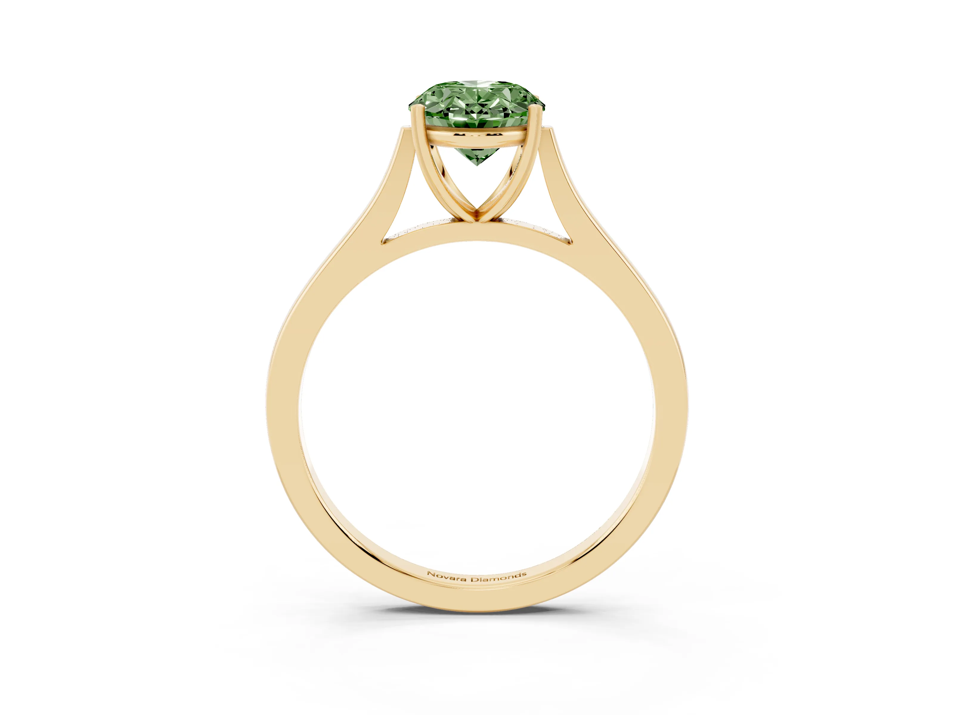 Fancy Green Oval Cut Diamond Solitaire Heart Prong Engagement Ring Set in Yellow gold with Tapered Band