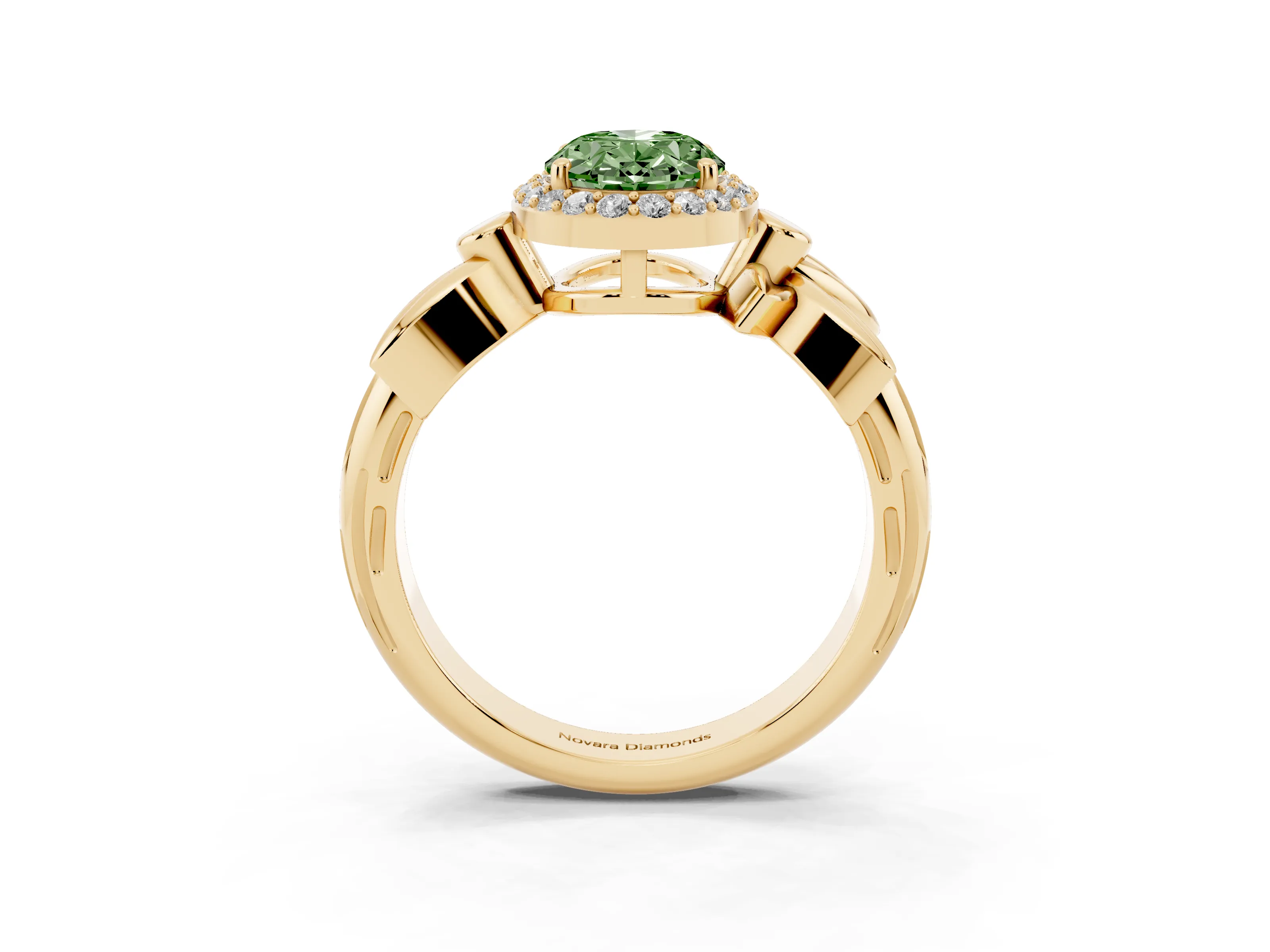 Fancy Green Oval Cut Diamond Halo Floral Band Ring Set in Yellow gold with Prong Setting