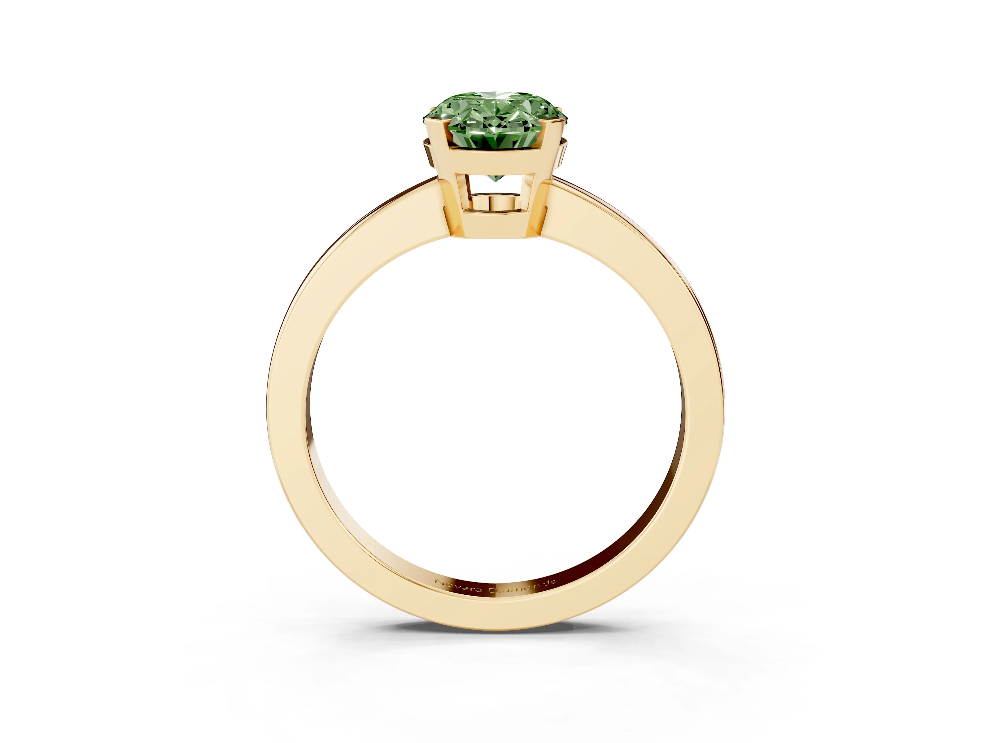 Fancy Green Oval Cut Diamond Solitaire Ring Set in Yellow gold with Prong Head and Smooth Polished Band