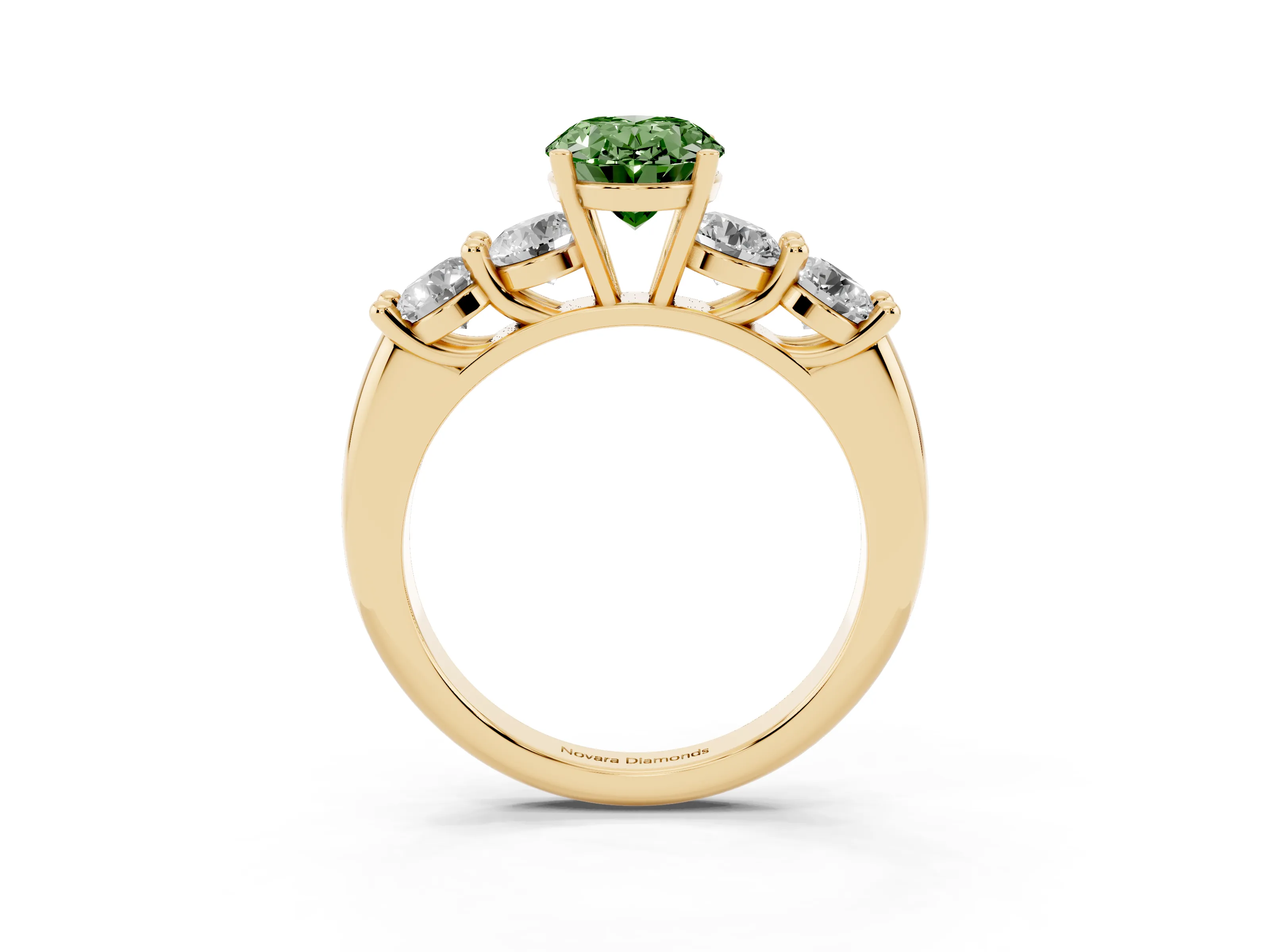 Fancy Green Oval Cut Diamond Five-Stone Prong Set Ring Set in Yellow gold with Classic Band