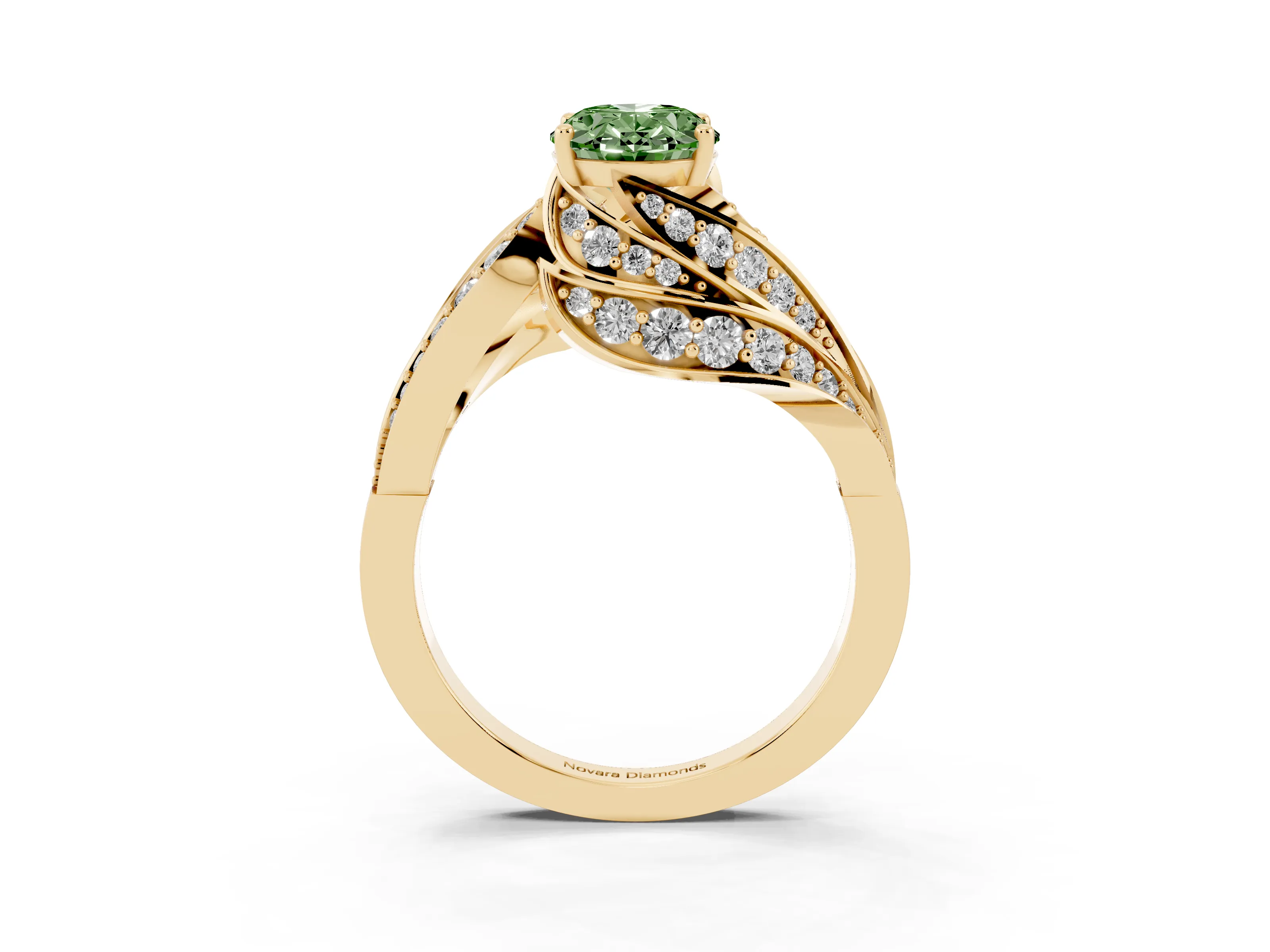 Fancy Green Oval Cut Diamond Solitaire Ring Set in Yellow gold with Layered Twist Pavé Band
