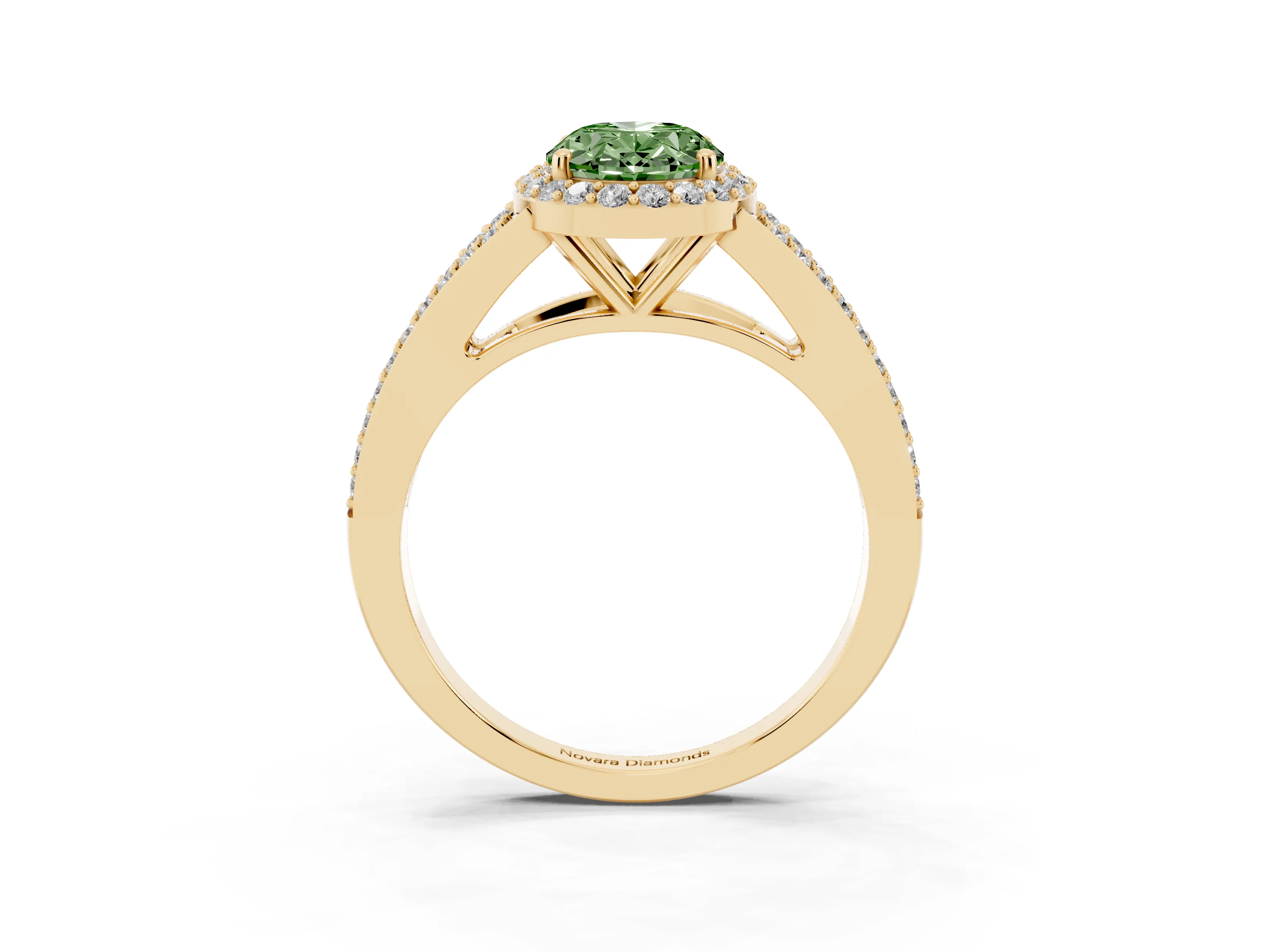 Fancy Green Oval Cut Diamond Halo Split Shank Ring Set in Yellow gold with Accent Stones and Prong Setting