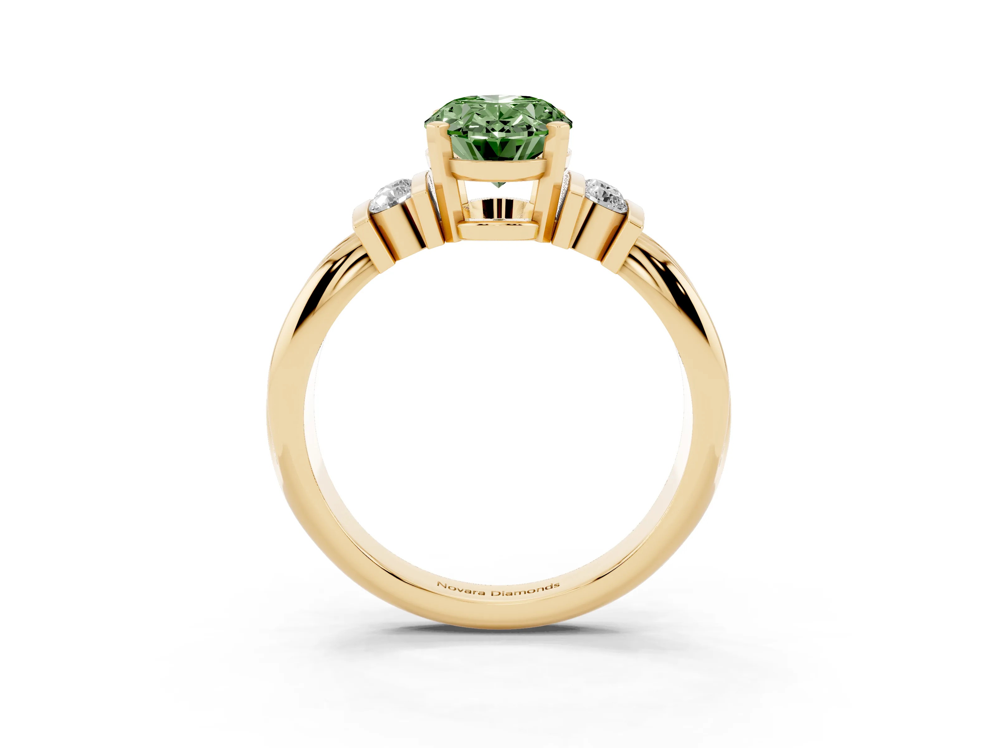 Fancy Green Three-Stone Oval Cut Diamond Channel Set Ring Set in Yellow gold with Bar Prongs