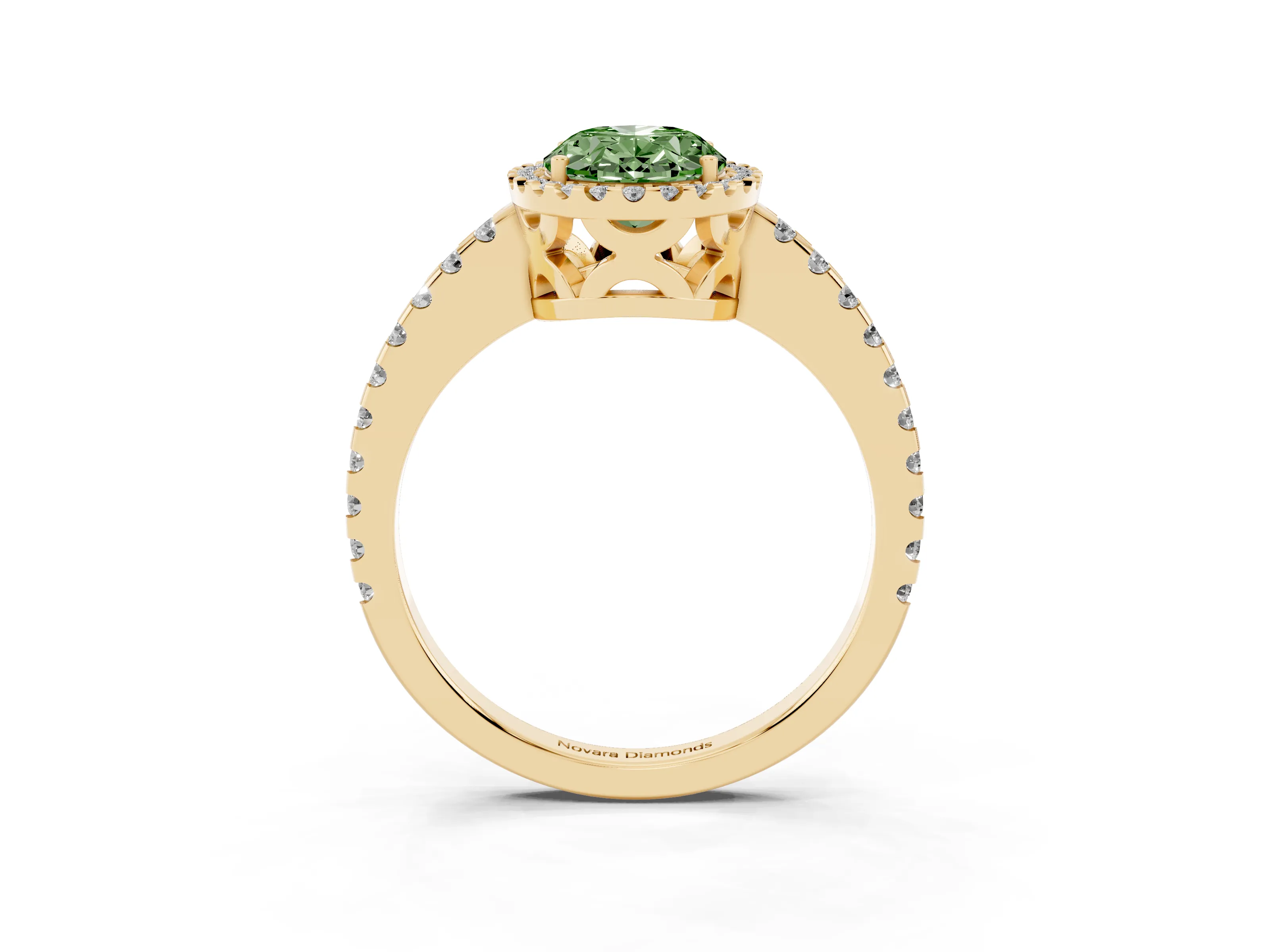 Fancy Green Oval Cut Diamond Halo Ring Set in Yellow gold with Pavé Shoulders and Halo-Framed Center