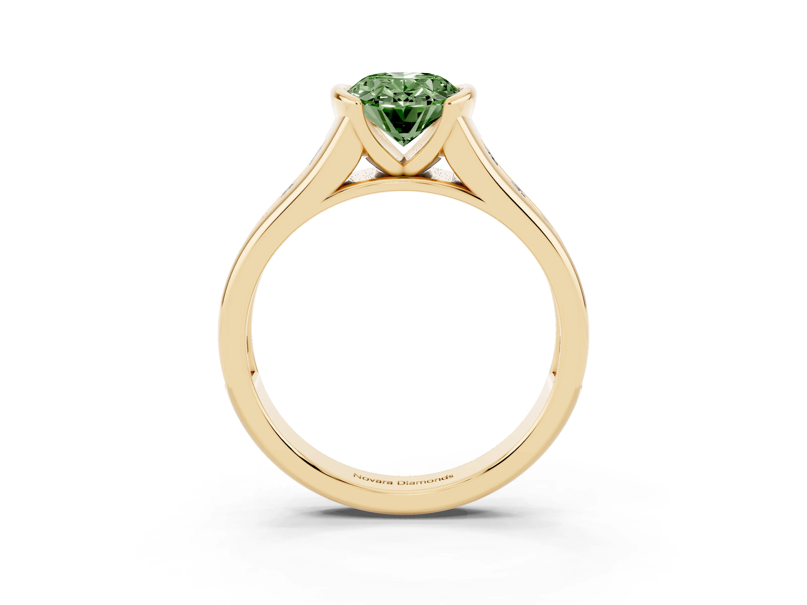 Fancy Green Oval Cut Diamond Bezel-Set Solitaire Ring Set in Yellow gold with Channel-Set Band
