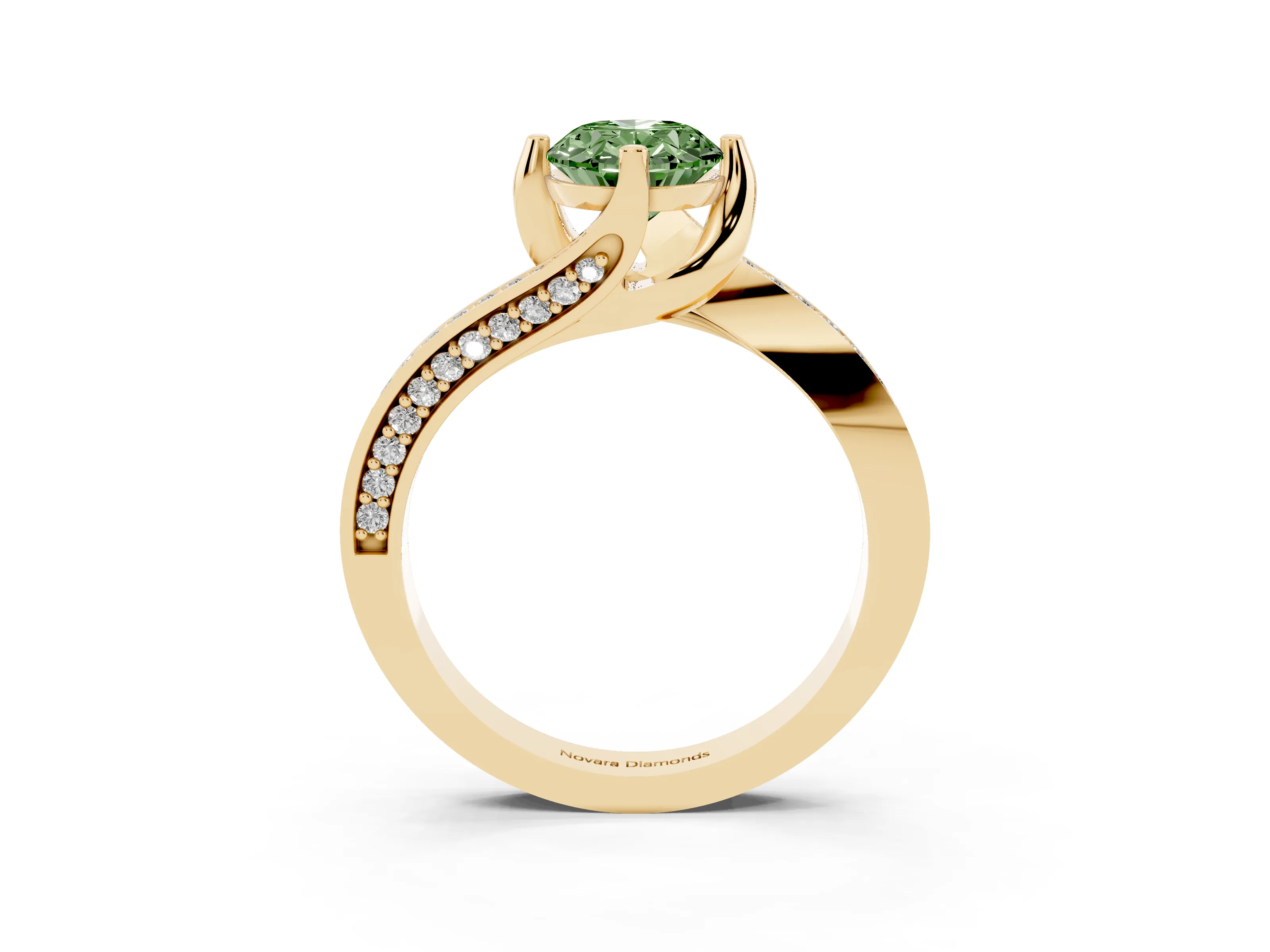 Fancy Green Oval Cut Diamond Solitaire Ring Set in Yellow gold with Intertwined Pavé Twist Band