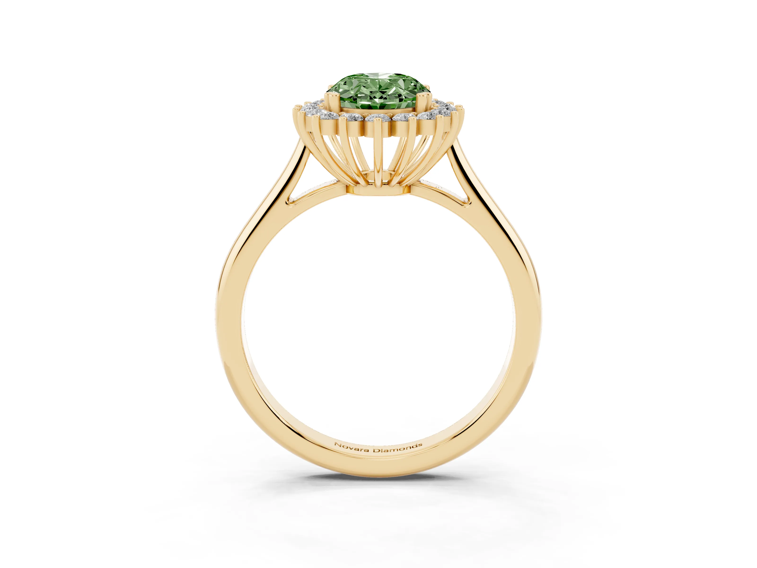 Fancy Green Oval Cut Diamond Halo Ring Set in Yellow gold with Plain Solitaire Band and Prong Setting