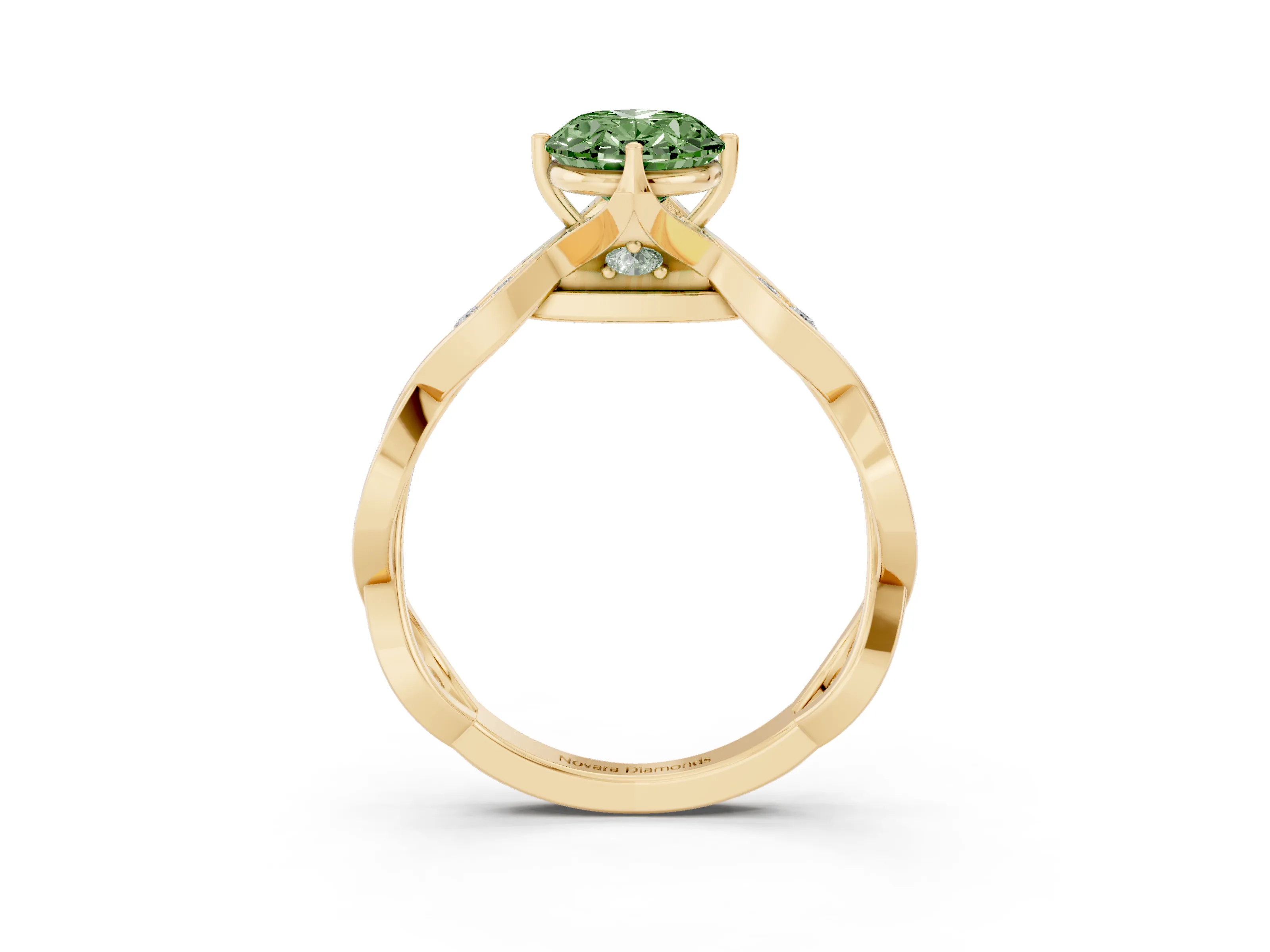 Fancy Green Oval Cut Diamond Twist Band Solitaire Ring Set in Yellow gold with Leaf Prong Setting and Accent Stones