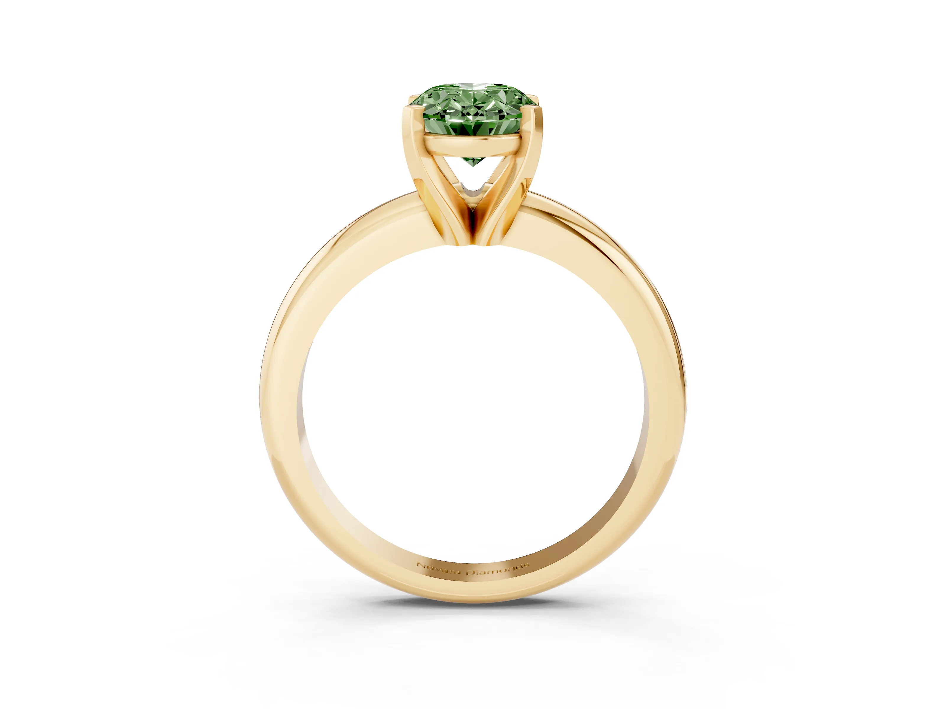 Fancy Green Oval Cut Diamond Solitaire Engagement Ring Set in Yellow gold with Round Band and Prong Setting
