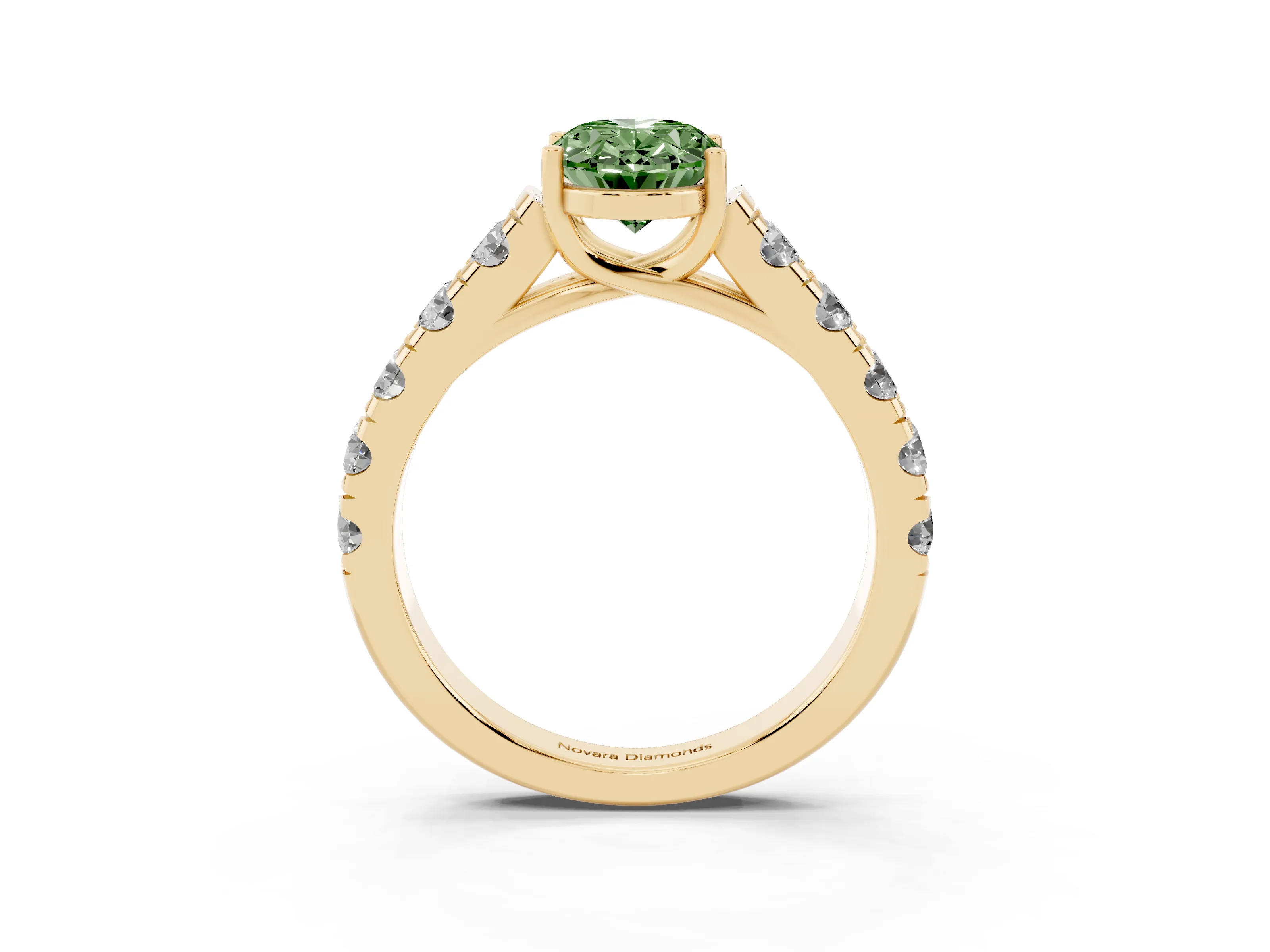 Fancy Green Oval Cut Diamond Solitaire Ring Set in Yellow gold with Cut-Down Micro Pavé Band and Prong Setting
