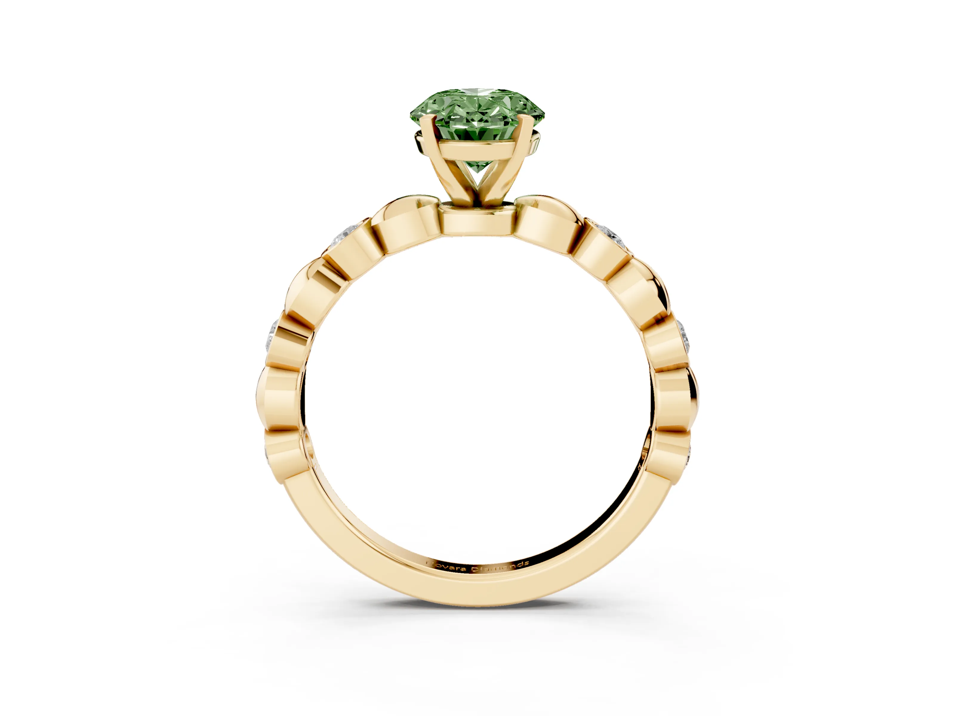 Fancy Green Oval Cut Diamond Solitaire Ring Set in Yellow gold with Bezel-Set Accents on Beaded Band and Prong Setting