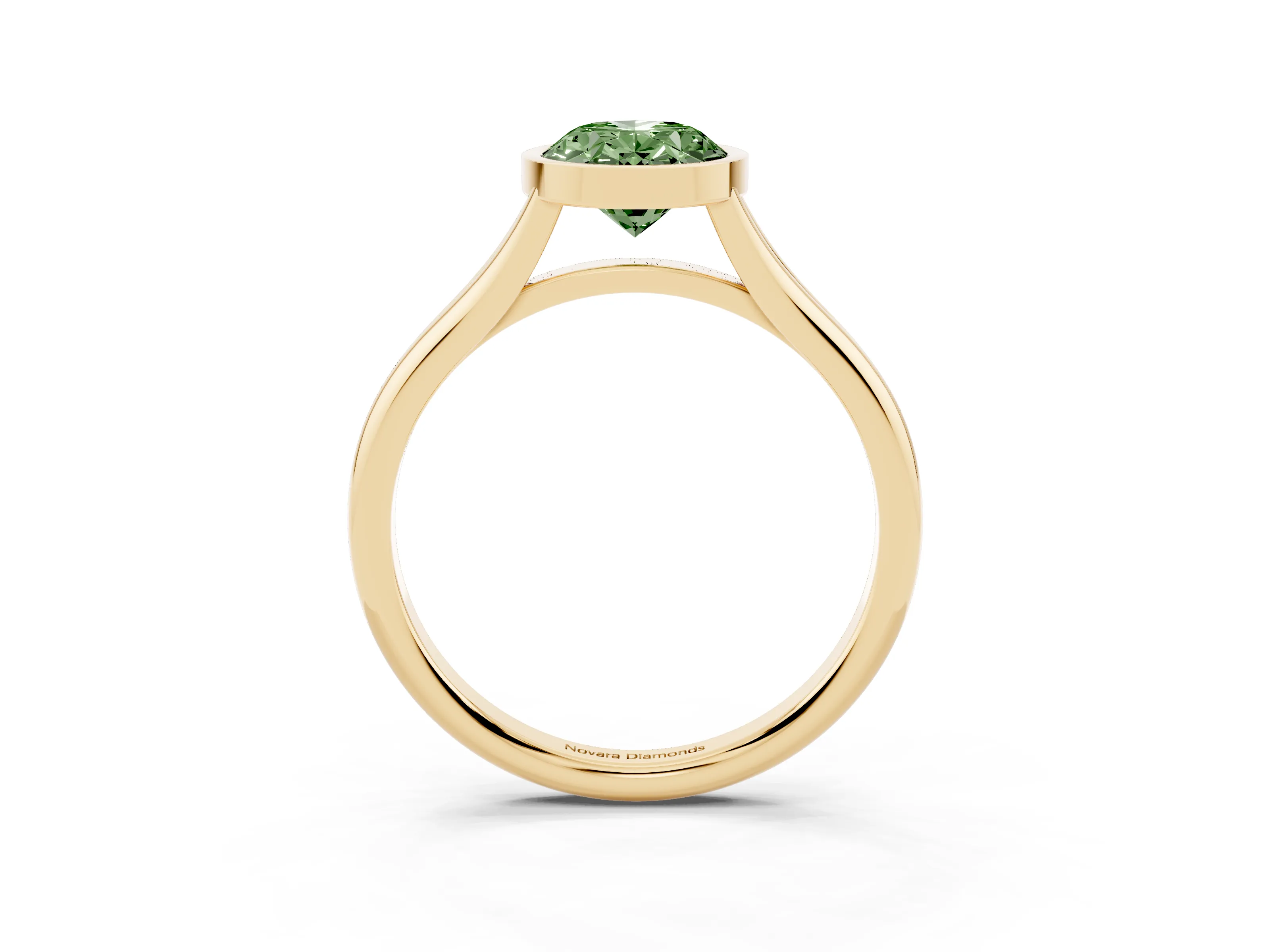Fancy Green Bezel Set Oval Cut Diamond Solitaire Ring Set in Yellow gold with Tapered Band