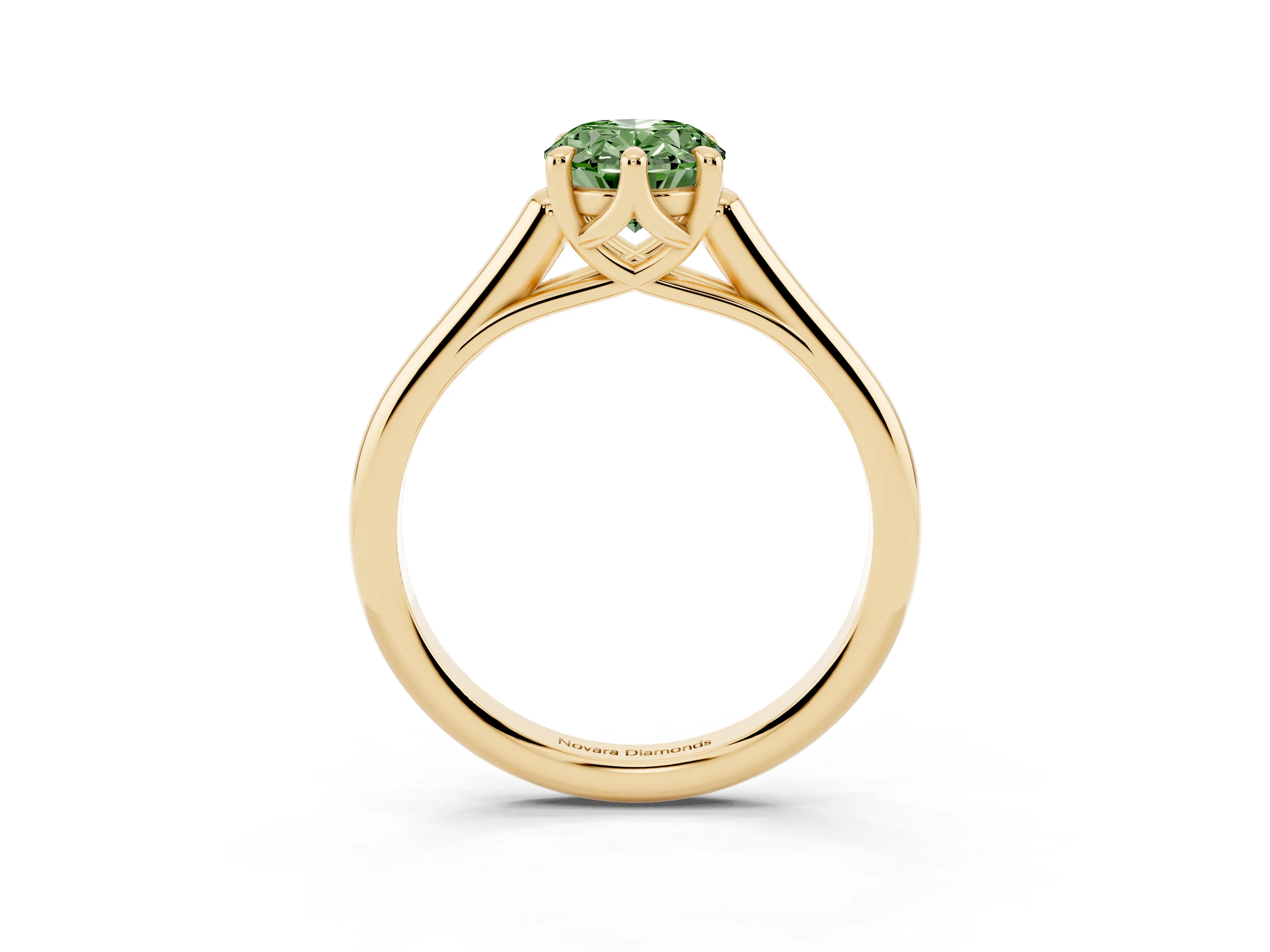 Fancy Green Oval Cut Diamond Solitaire Engagement Ring Set in Yellow gold with Prong Setting and Plain Classic Band