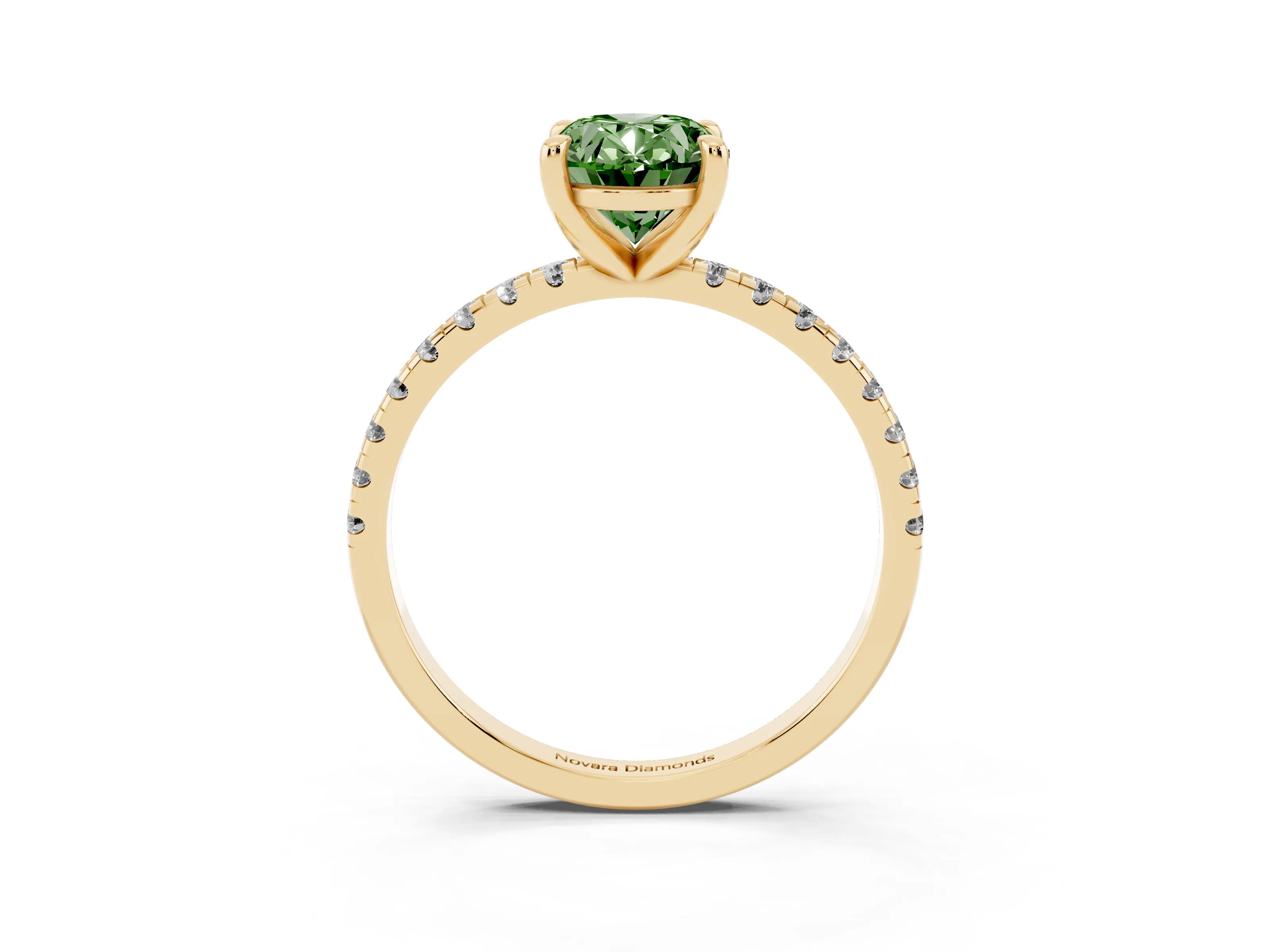 Fancy Green Oval Cut Diamond Brilliant Solitaire Ring Set in Yellow gold with Pavé Band and Prong Setting