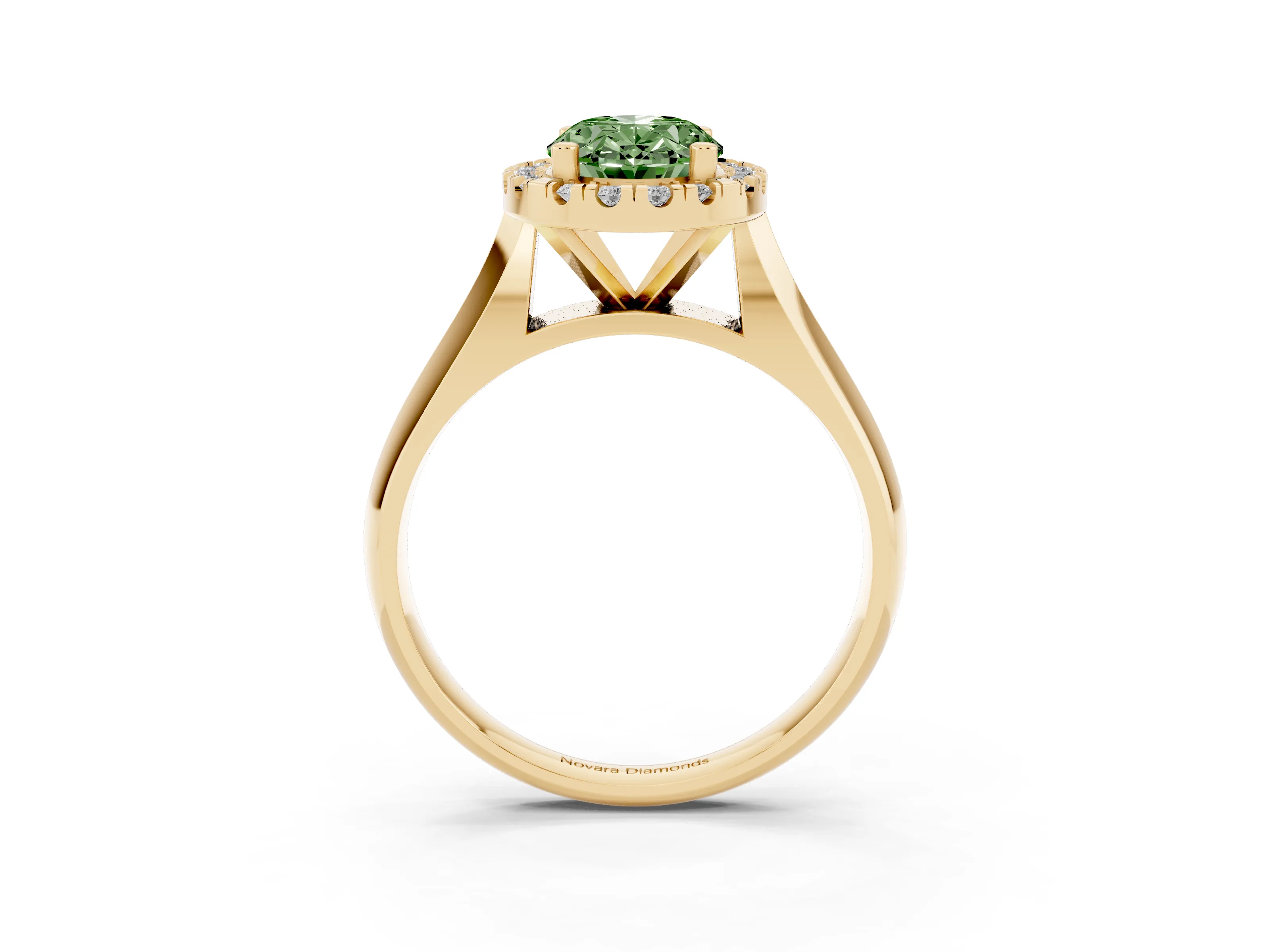 Fancy Green Oval Cut Diamond Halo Solitaire Engagement Ring Set in Yellow gold with Square Band and Prong Setting