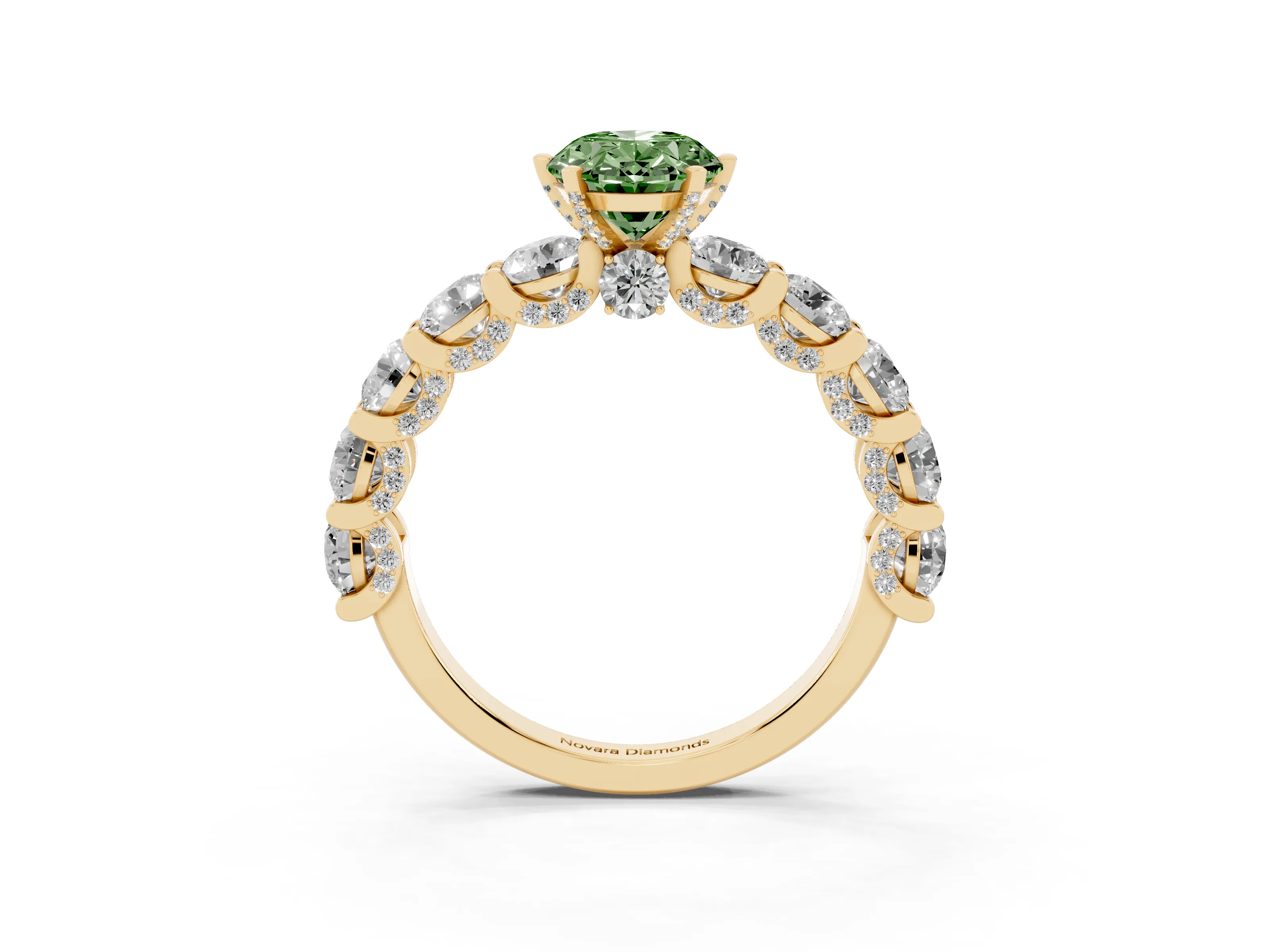 Fancy Green Oval Cut Diamond Side Stone Ring Set in Yellow gold with Alternating Round and Oval Side Stones