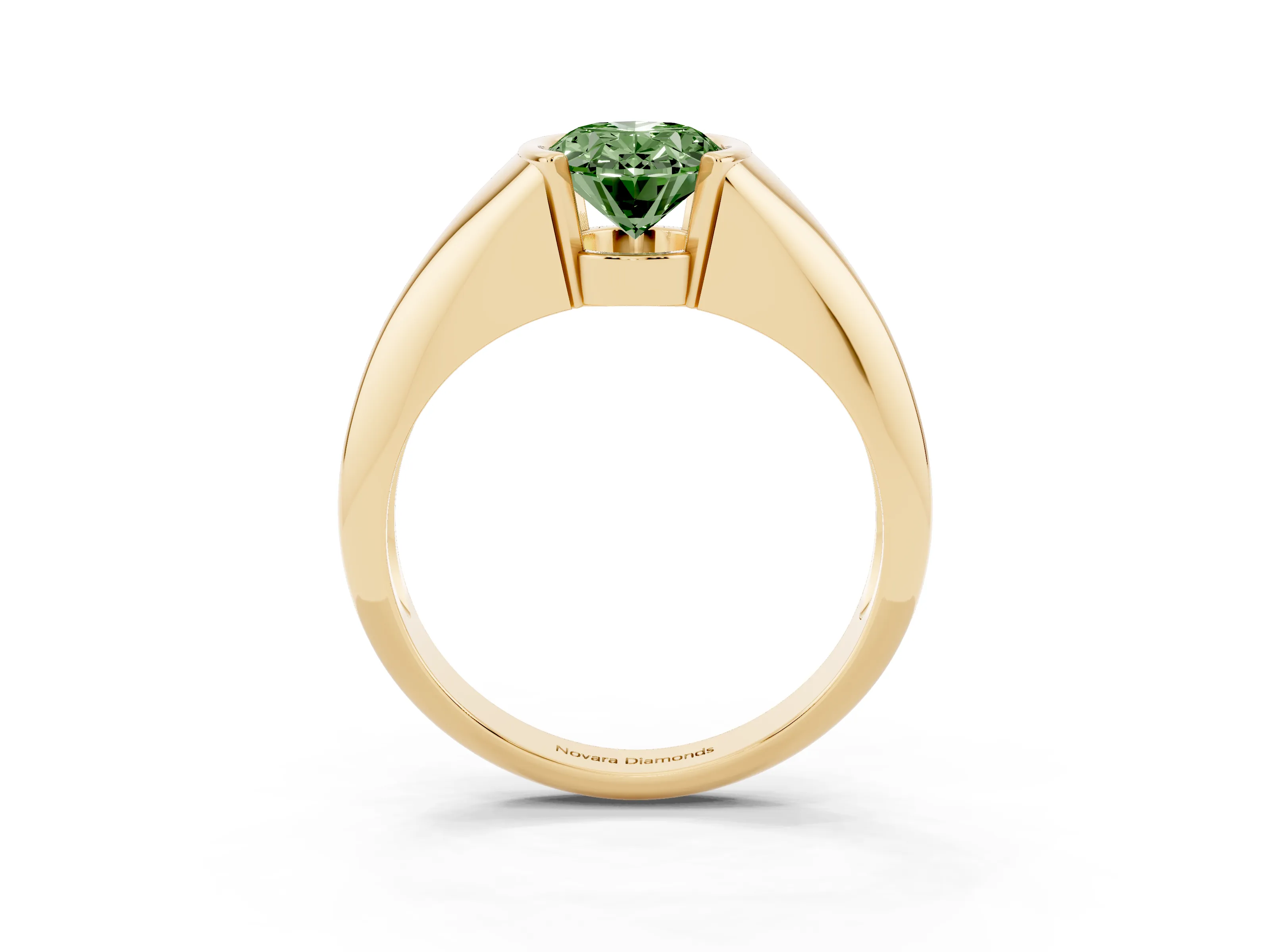 Fancy Green Oval Cut Diamond Solitaire Tension Set Ring Set in Yellow gold