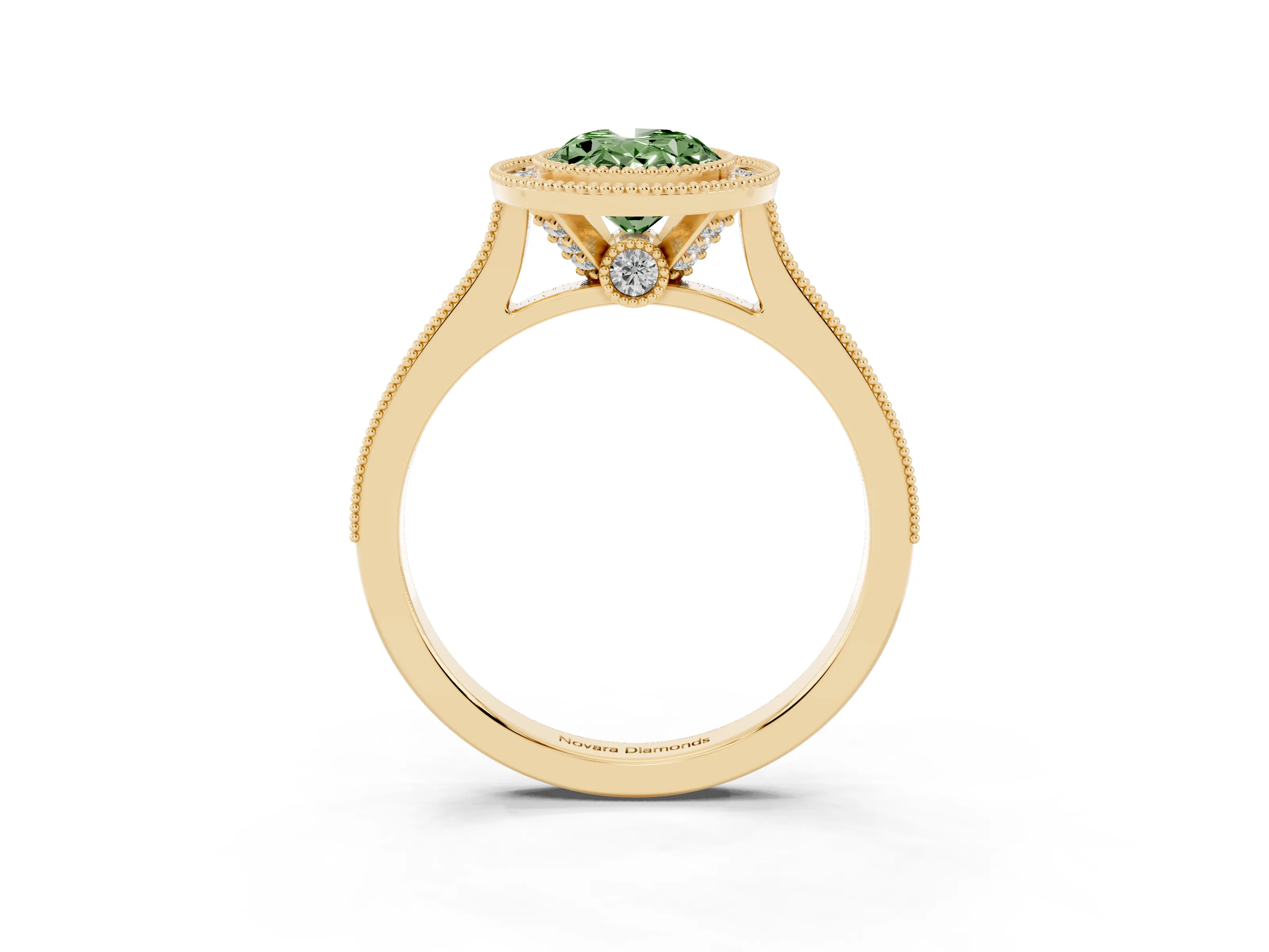 Fancy Green Oval Cut Diamond Halo Milgrain Pavé Band Ring Set in Yellow gold with Prong Setting