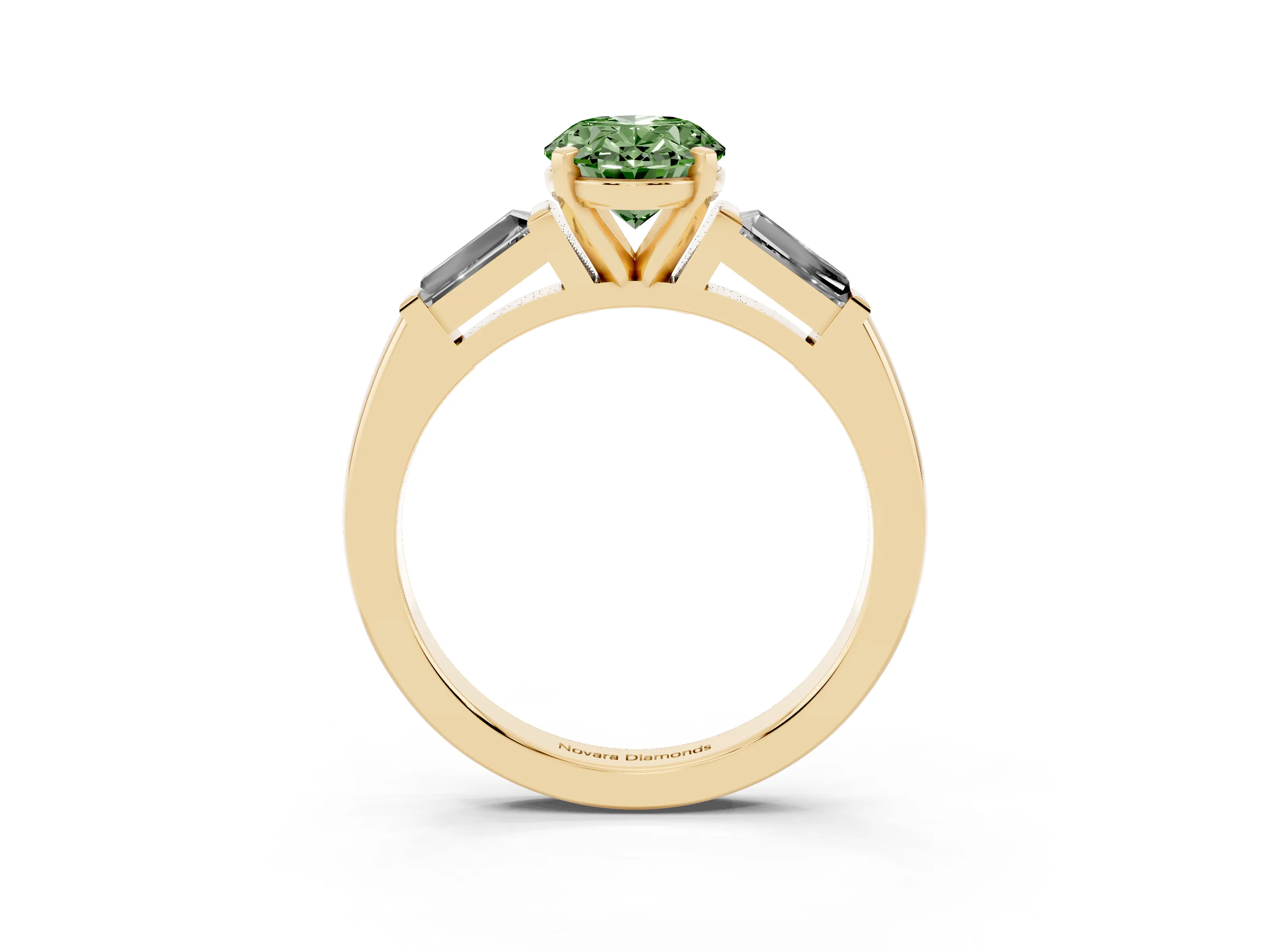 Fancy Green Oval Cut Diamond Solitaire Ring Set in Yellow gold with Tapered Baguette Side Stones and Prong Setting