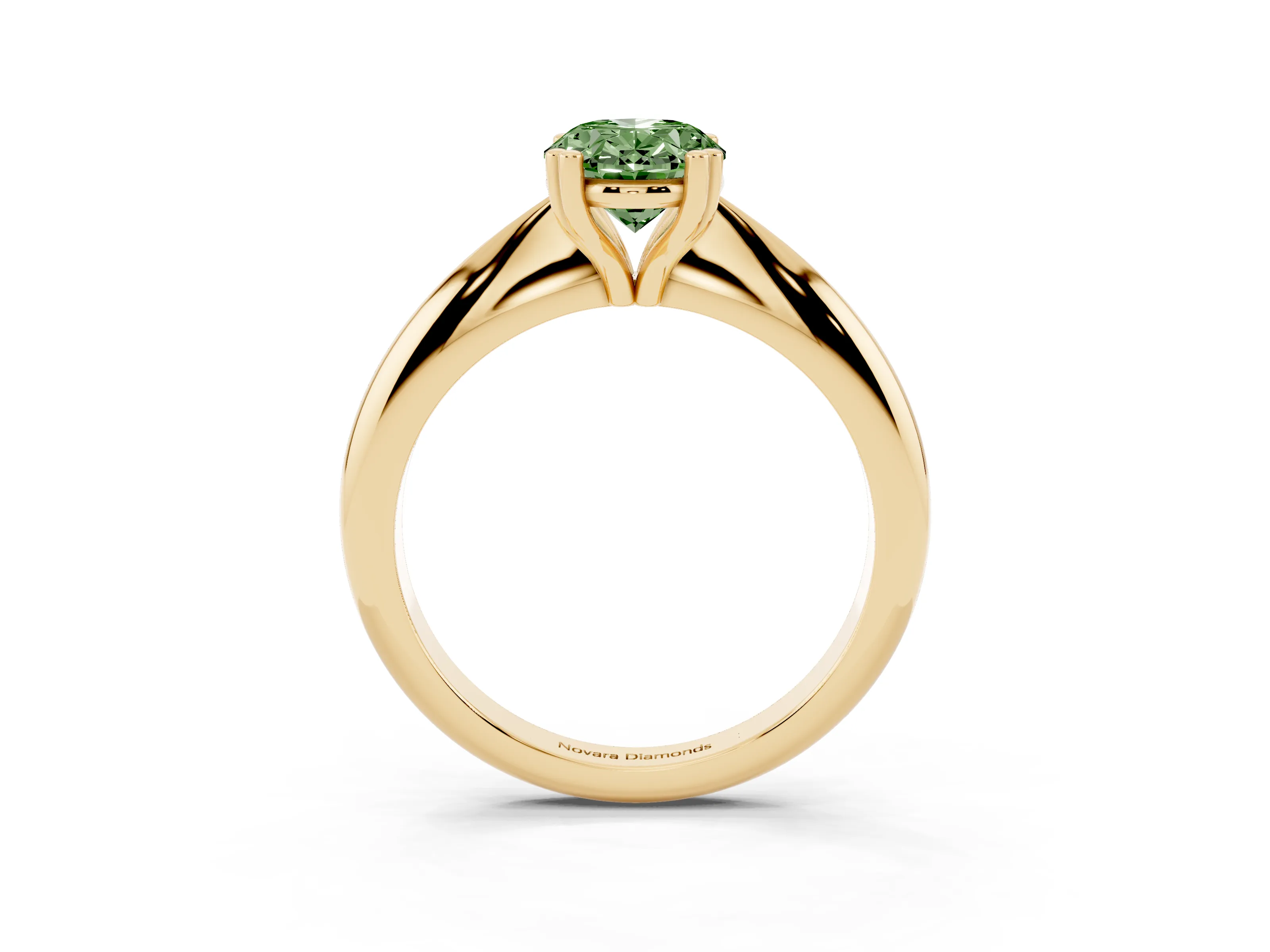 Fancy Green Oval Cut Diamond Solitaire Engagement Ring Set in Yellow gold with Tapered Band and Prong Setting