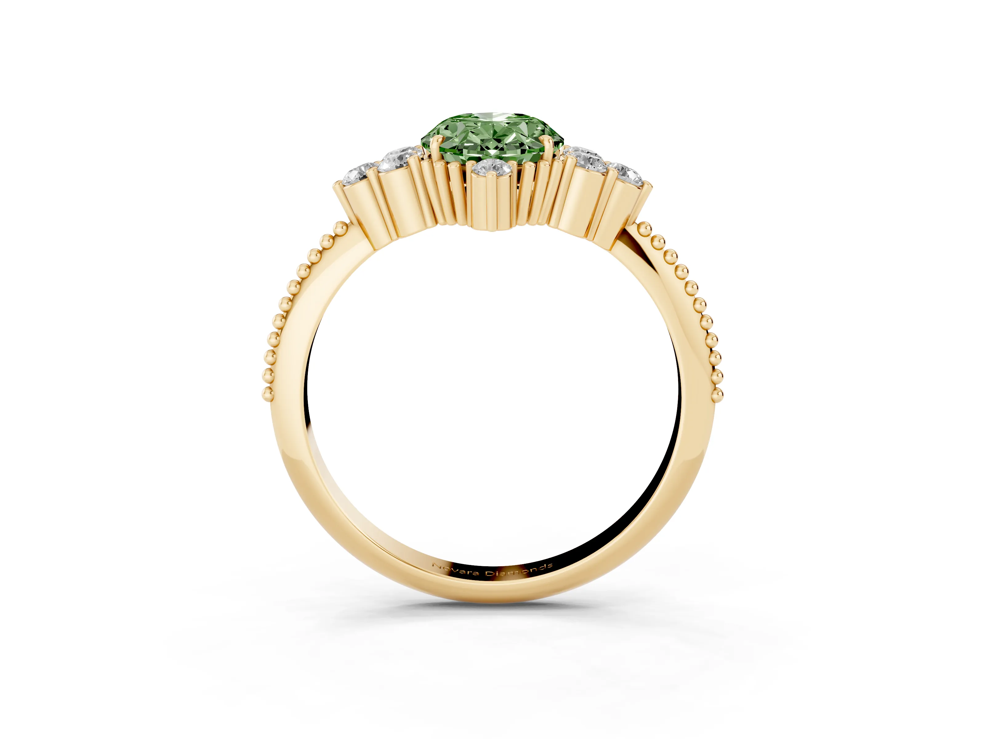 Fancy Green Oval Cut Diamond Cluster Ring Set in Yellow gold with Beaded Band