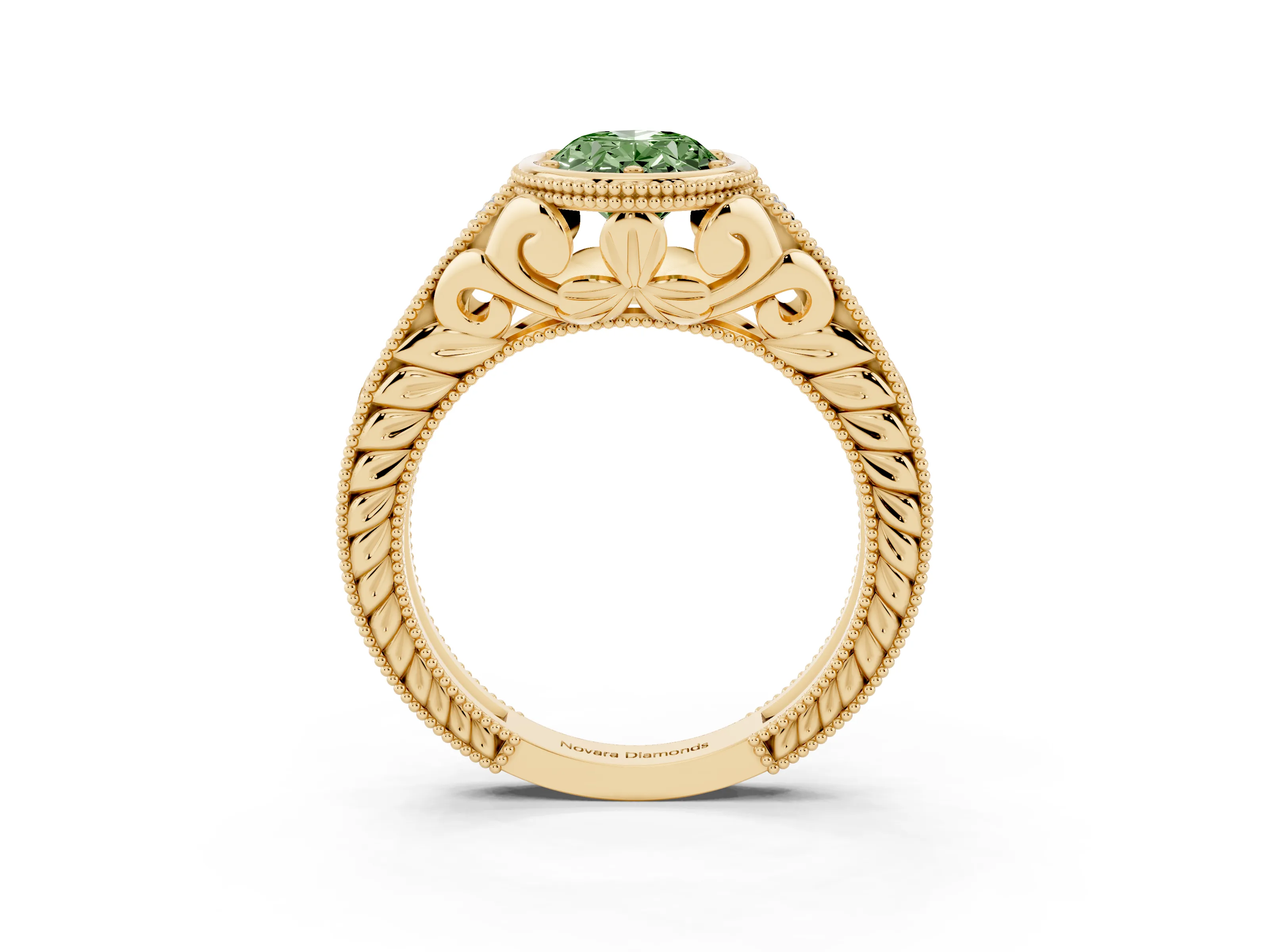 Fancy Green Bezel Set Oval Cut Diamond Milgrain Pavé Engagement Ring Set in Yellow gold