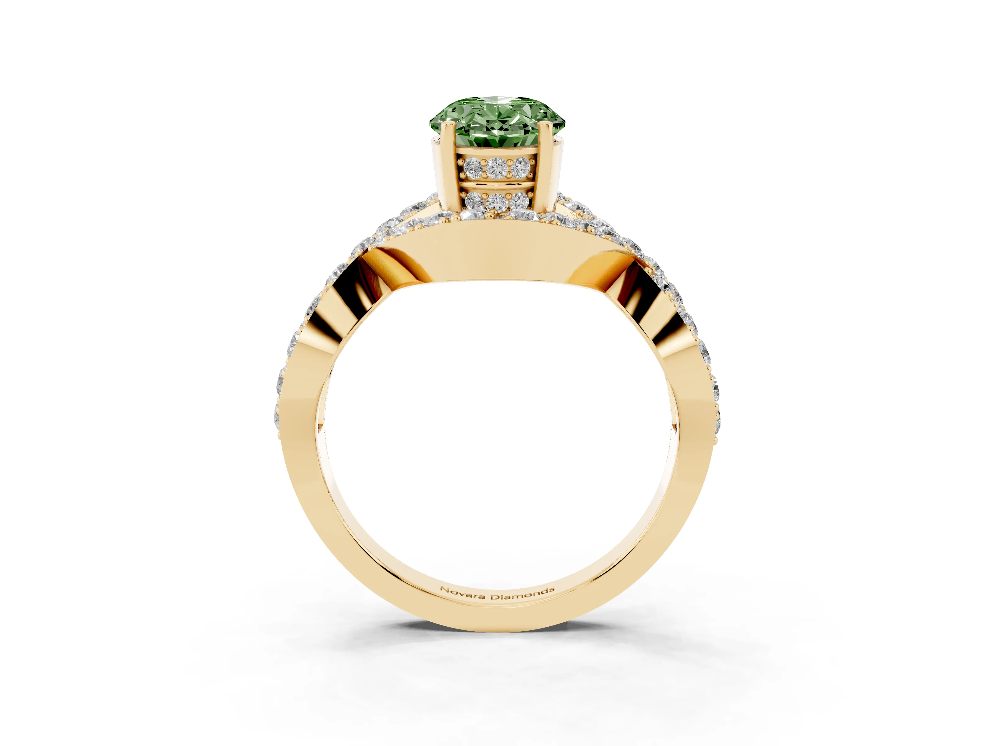 Fancy Green Oval Cut Diamond Solitaire Twist Band Pavé Engagement Ring Set in Yellow gold