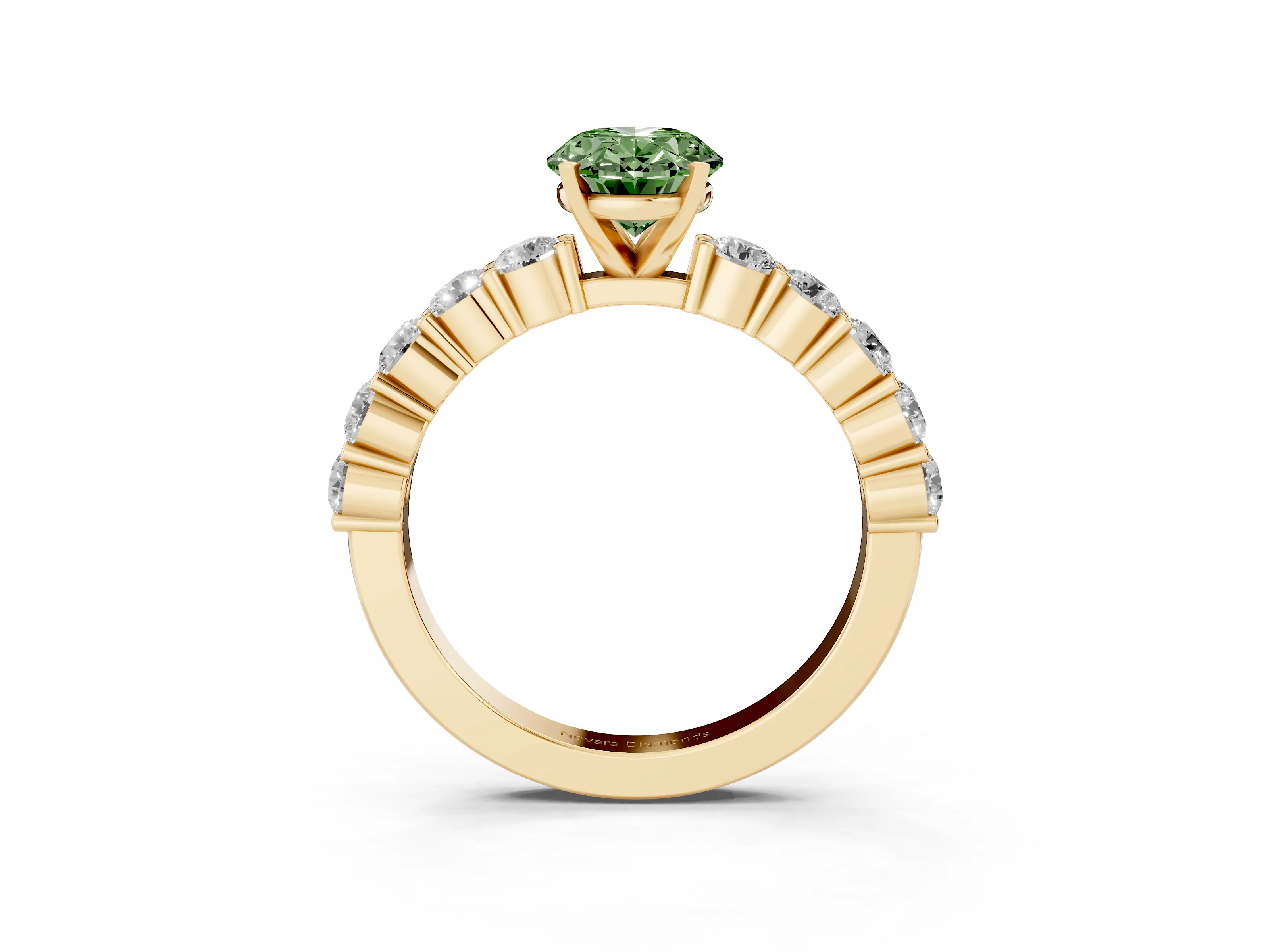 Fancy Green Oval Cut Diamond Solitaire Ring Set in Yellow gold with Shared Prong Round Side Stones