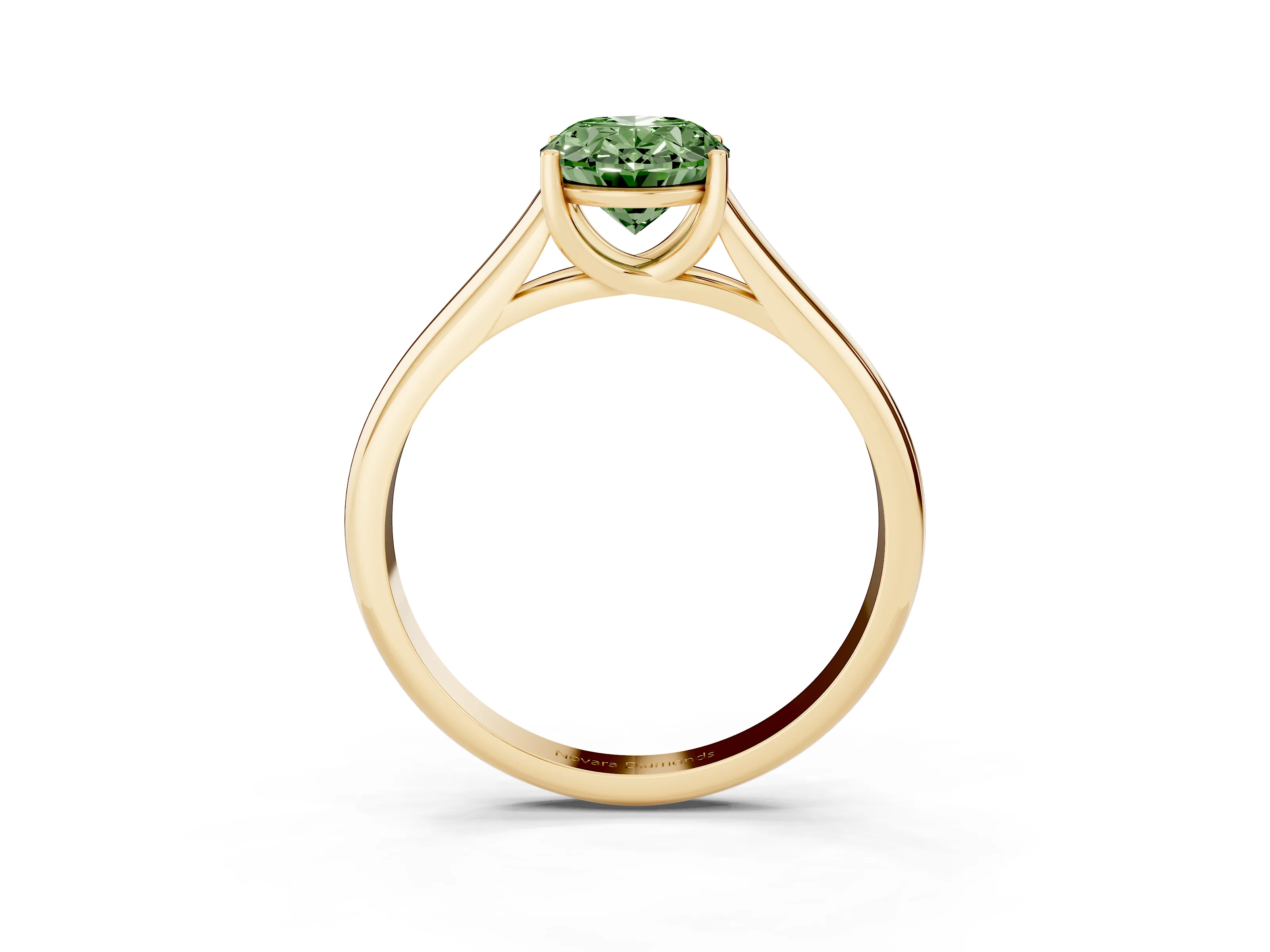 Fancy Green Oval Cut Diamond Solitaire Engagement Ring Set in Yellow gold with Subtly Tapered Band and Prong Setting