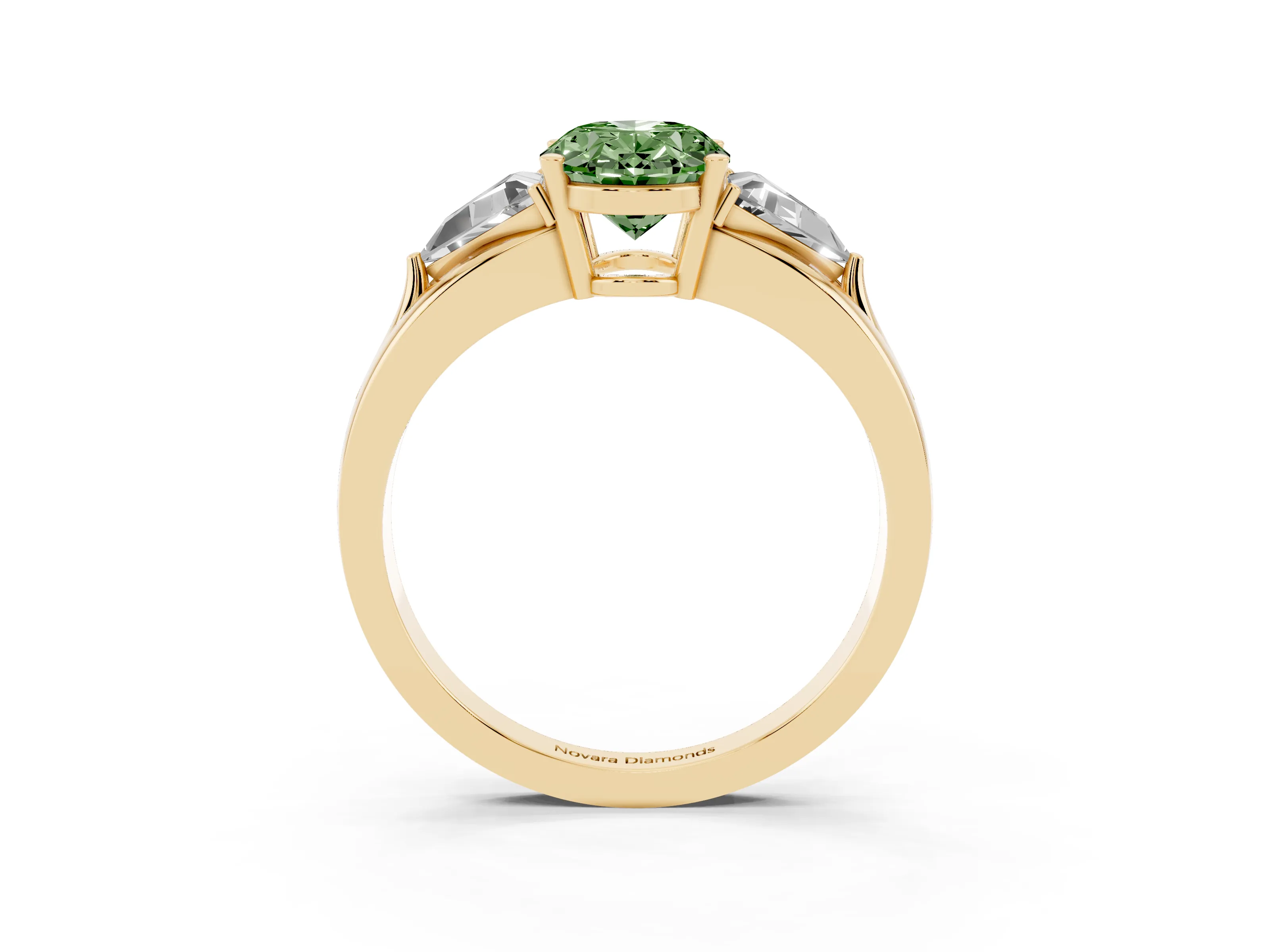Fancy Green Oval Cut Diamond Three-Stone Ring Set in Yellow gold with Trillion Side Stones and Split Shank