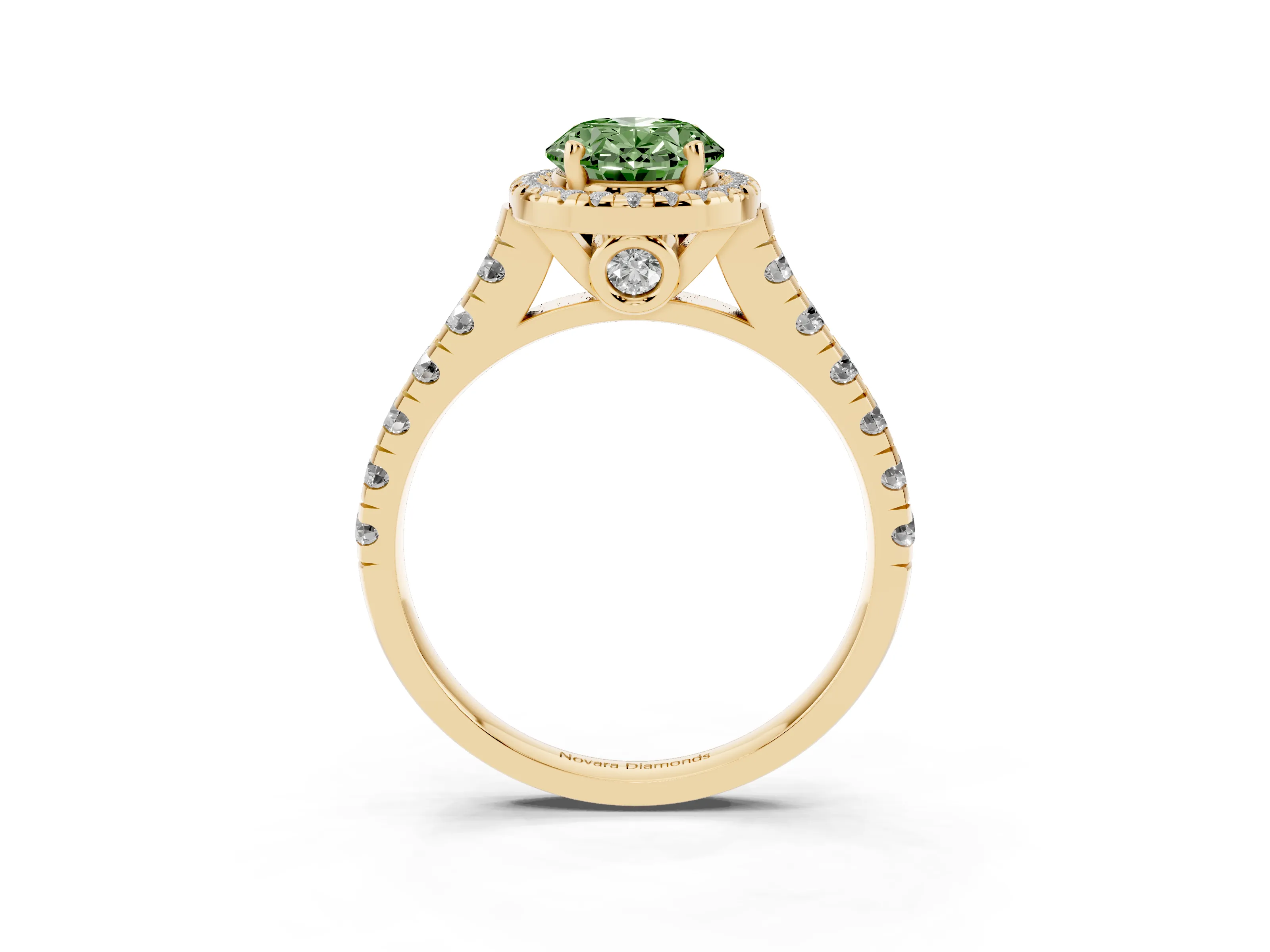 Fancy Green Oval Cut Diamond Halo Engagement Ring Set in Yellow gold with Pavé Band and Prong-Set Center