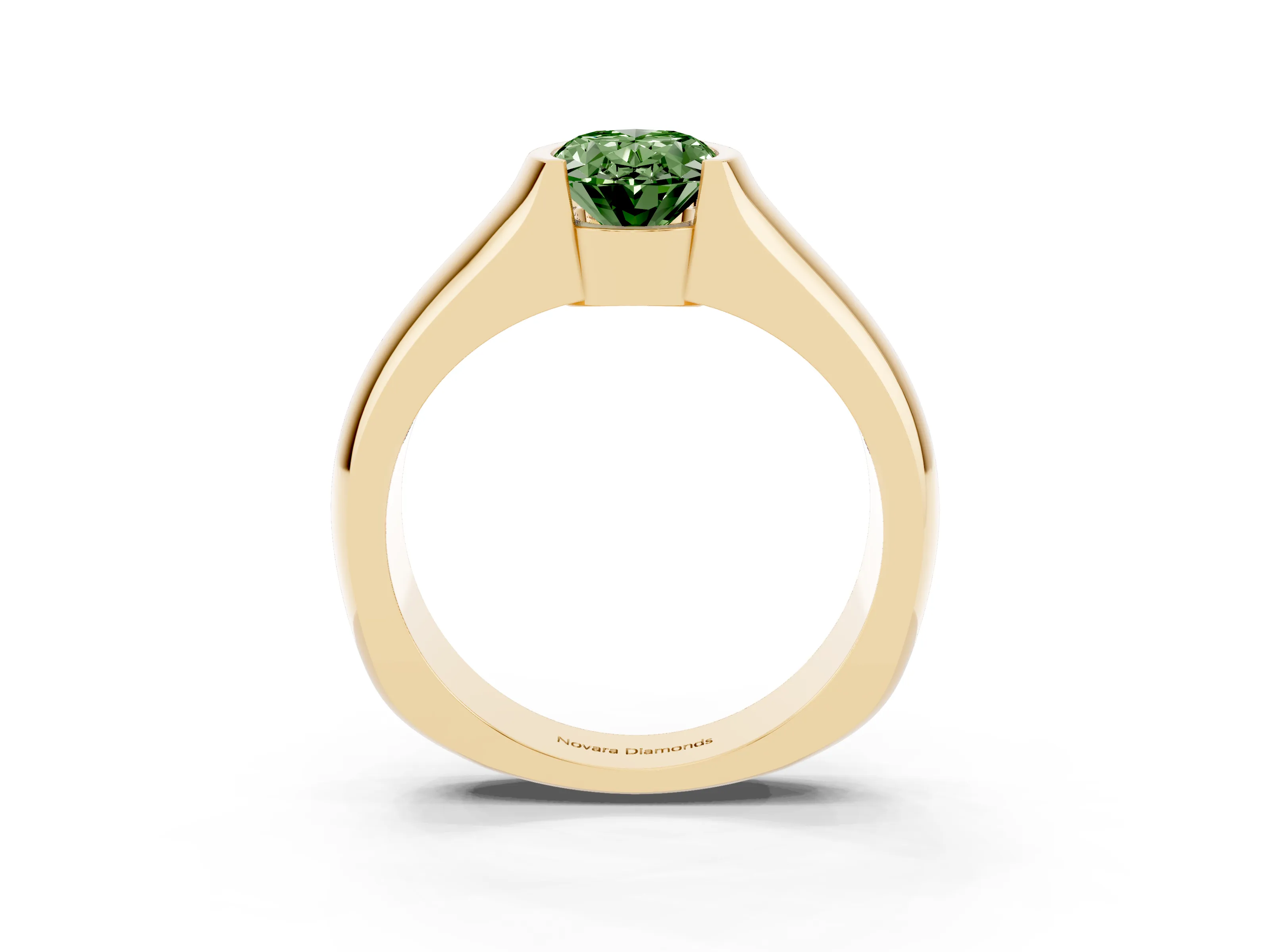 Fancy Green Oval Cut Diamond Bezel Solitaire Ring Set in Yellow gold with Wide Band