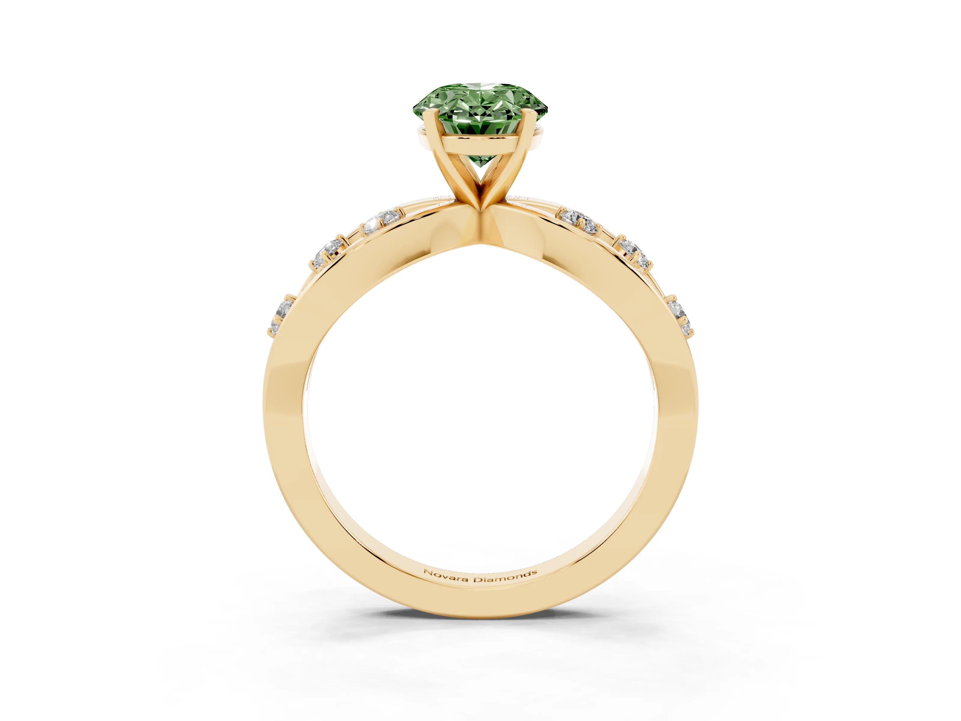 Fancy Green Oval Cut Diamond Solitaire Ring Set in Yellow gold with Side Stones on Criss-Cross Band and Prong Setting