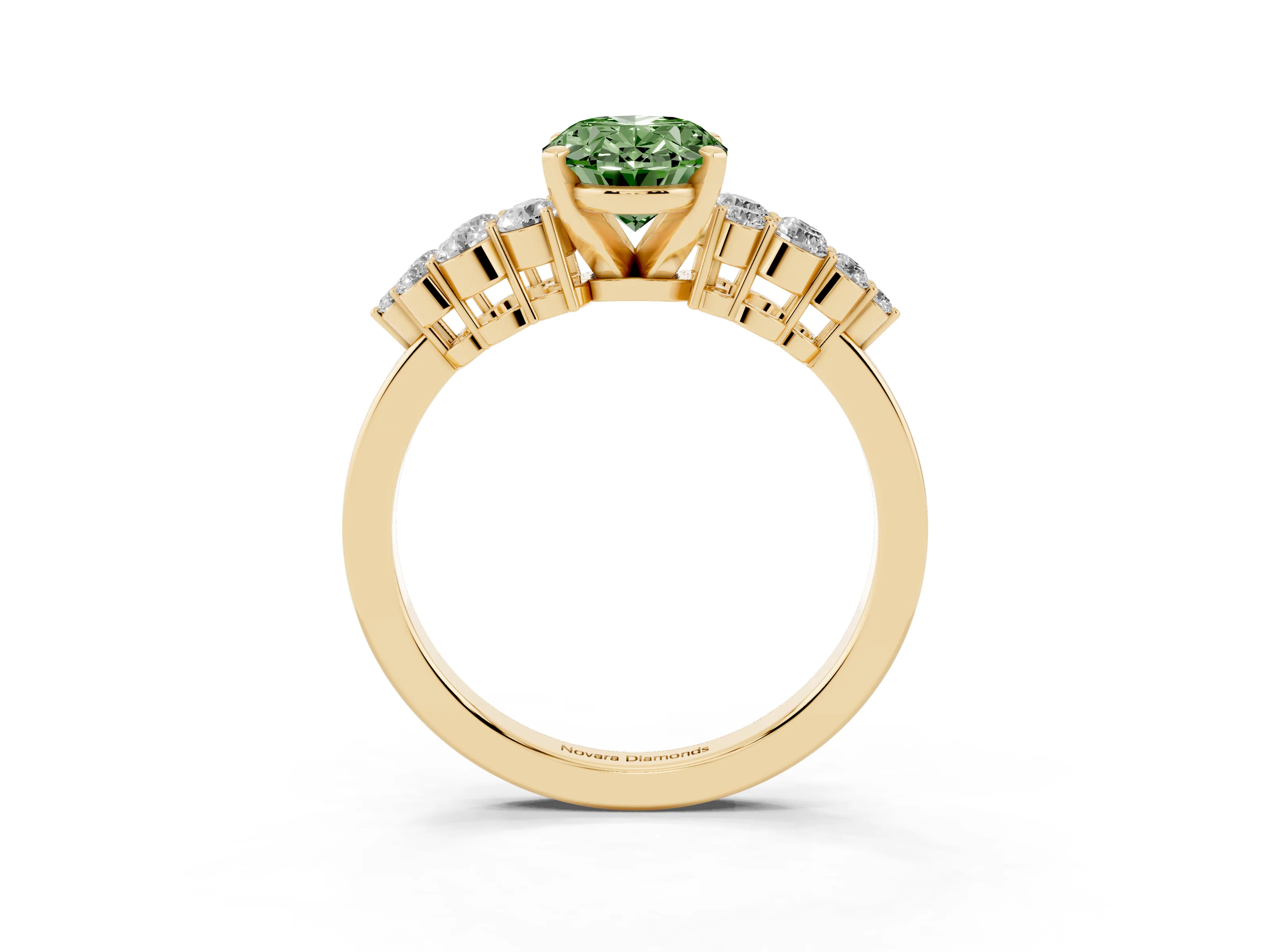 Fancy Green Oval Cut Diamond Cluster Engagement Ring Set in Yellow gold with Pavé Band and Prong Setting