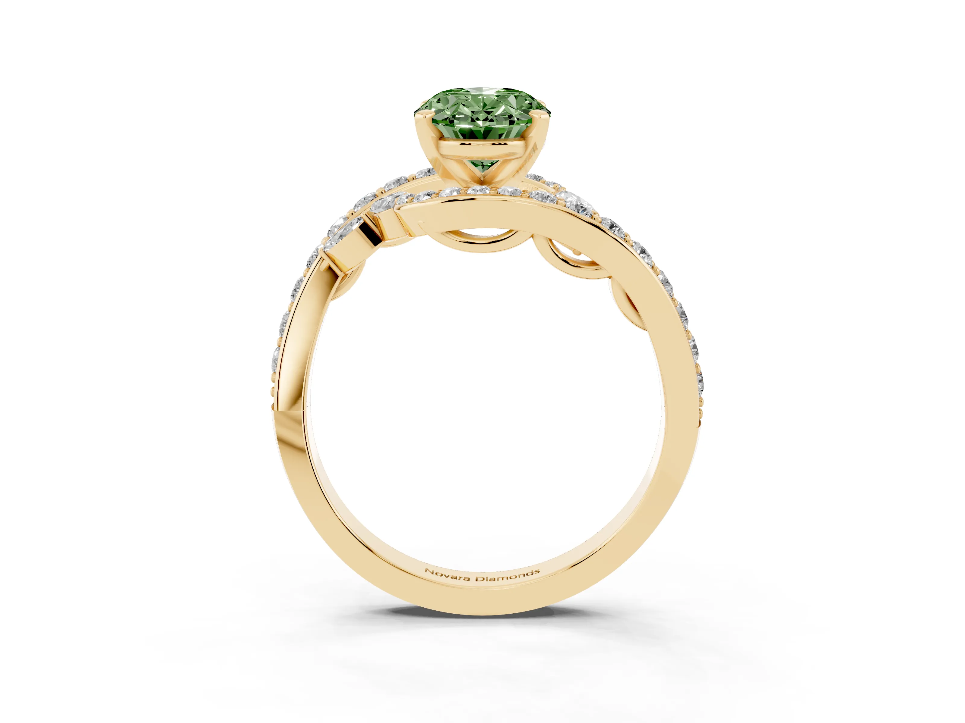 Fancy Green Oval Cut Diamond Solitaire Ring Set in Yellow gold with Pavé Twist Band and Secure Prong Setting