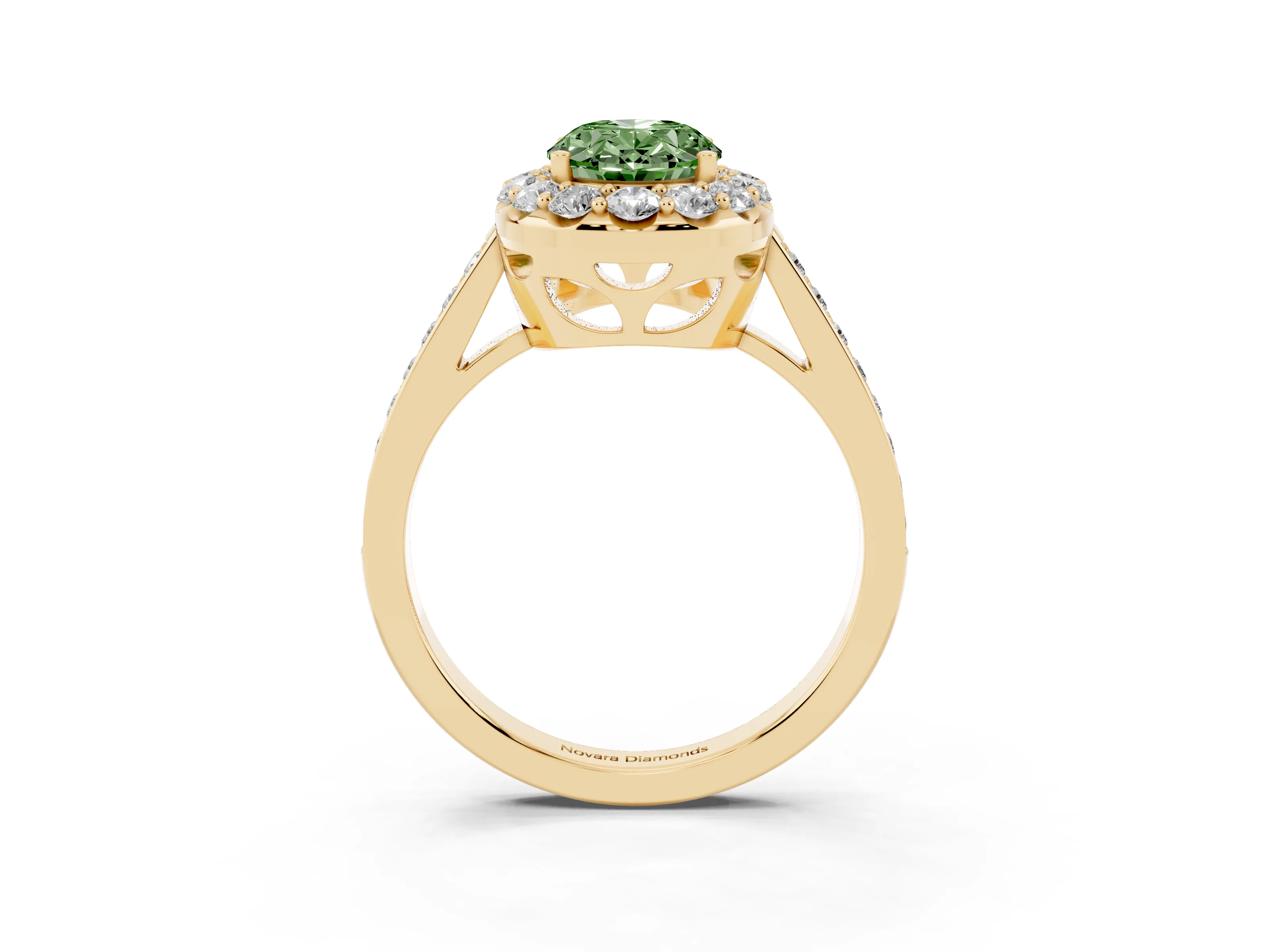 Fancy Green Oval Cut Diamond Floral Halo Ring Set in Yellow gold with Pavé Band and Prong Setting