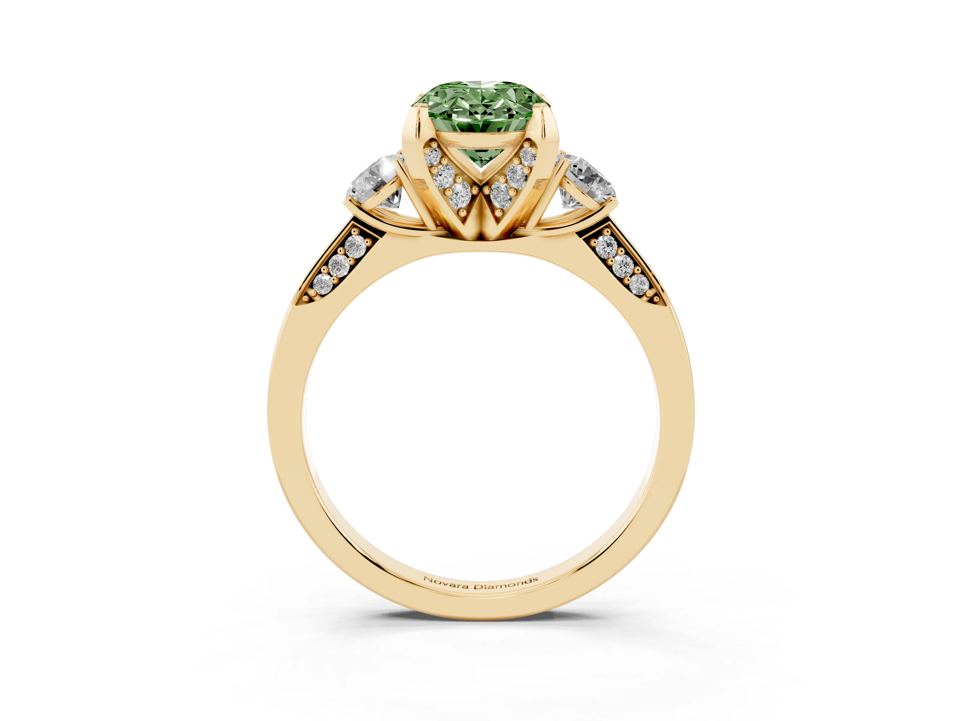 Fancy Green Oval Cut Diamond Three-Stone Ring Set in Yellow gold with Pavé Band and Smaller Side Stones