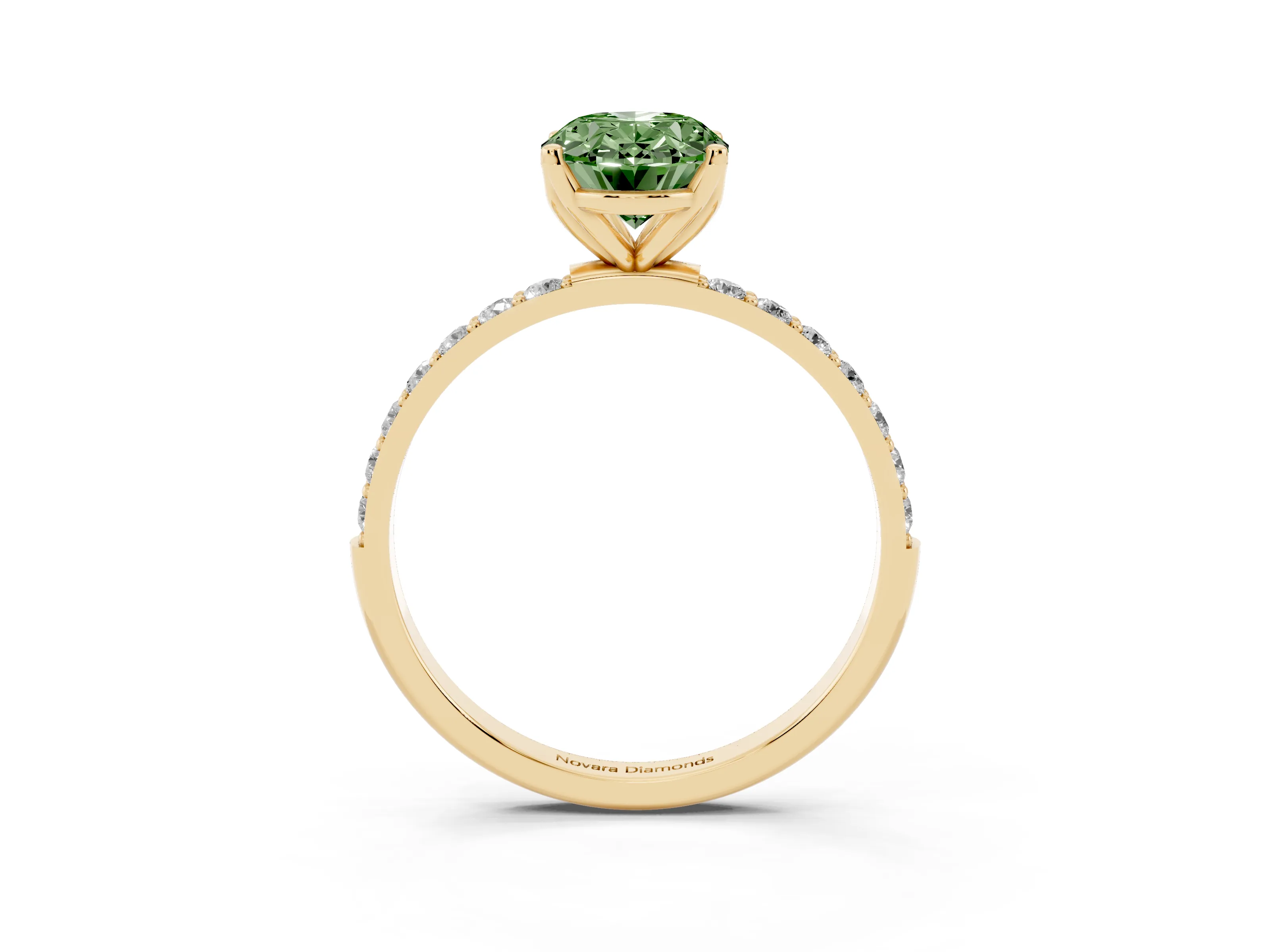Fancy Green Oval Cut Diamond Solitaire Engagement Ring Set in Yellow gold with Round Pavé Band and Prong Setting