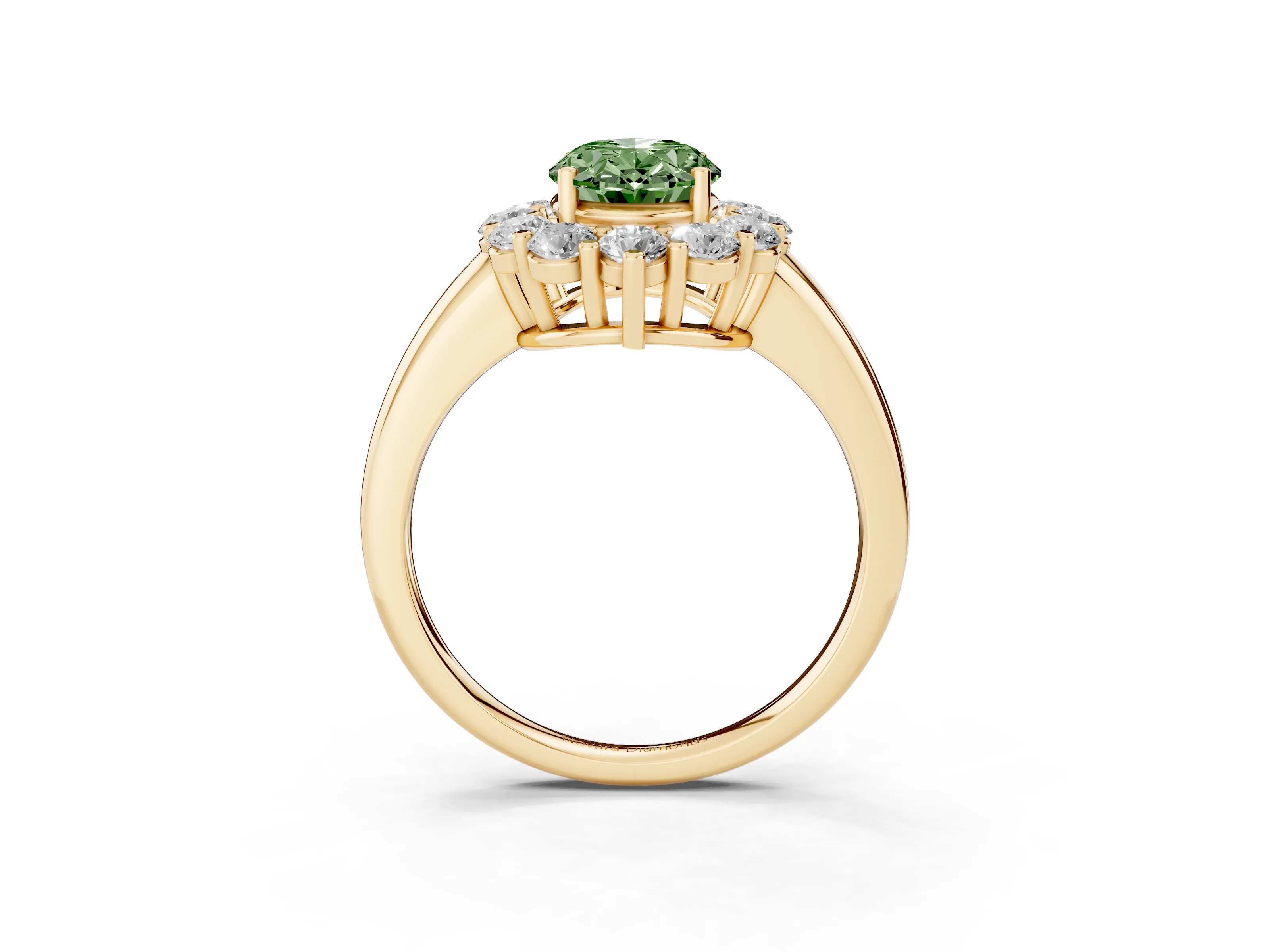 Fancy Green Oval Cut Diamond Halo Cluster Engagement Ring Set in Yellow gold with Polished Band and Prong Setting