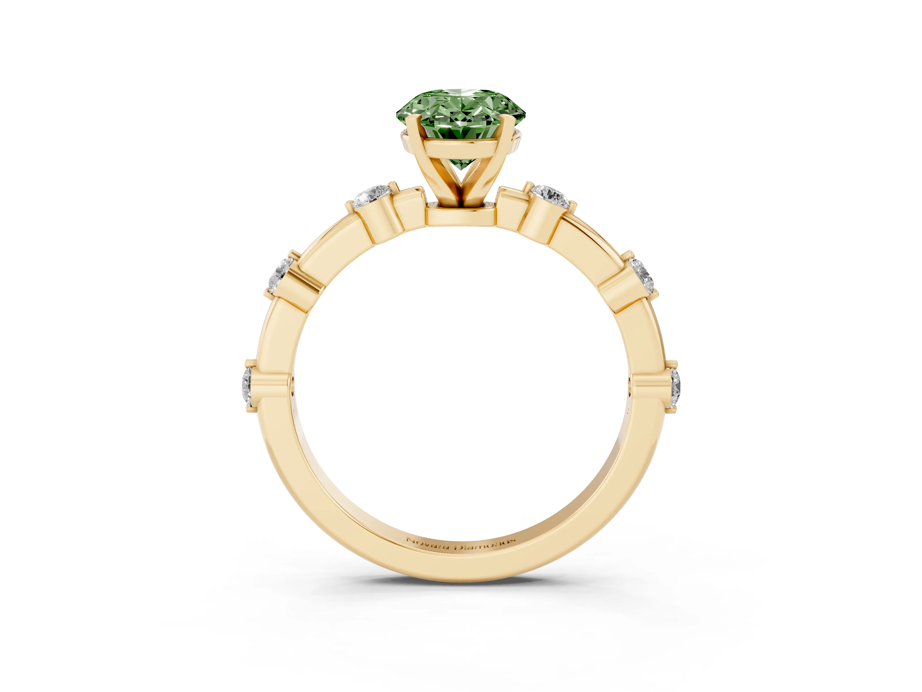 Fancy Green Oval Cut Diamond Solitaire Ring Set in Yellow gold with Bezel Set Side Stones and Prong Setting