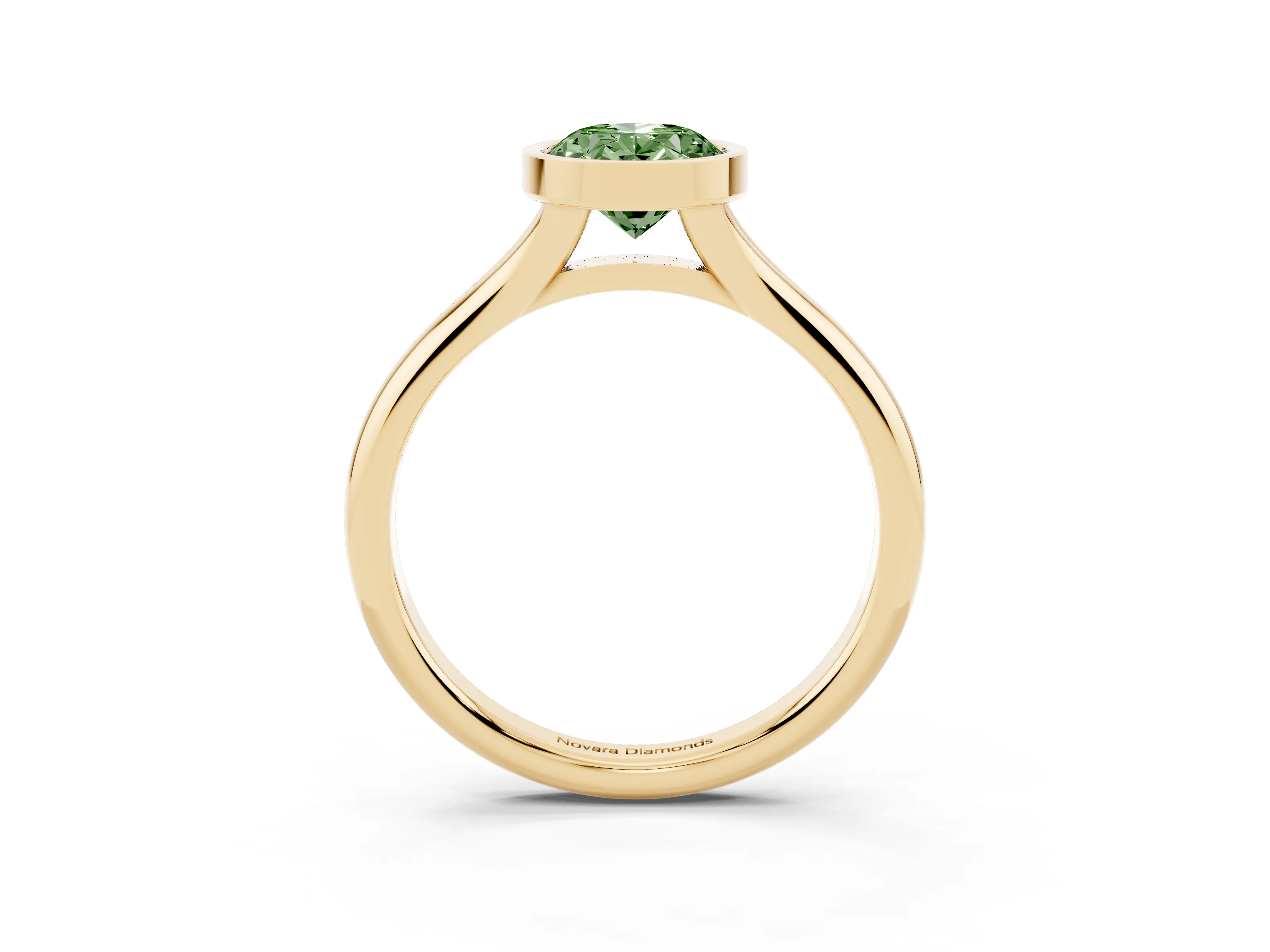 Fancy Green Bezel Set Oval Cut Diamond Solitaire Ring Set in Yellow gold with Smooth Band