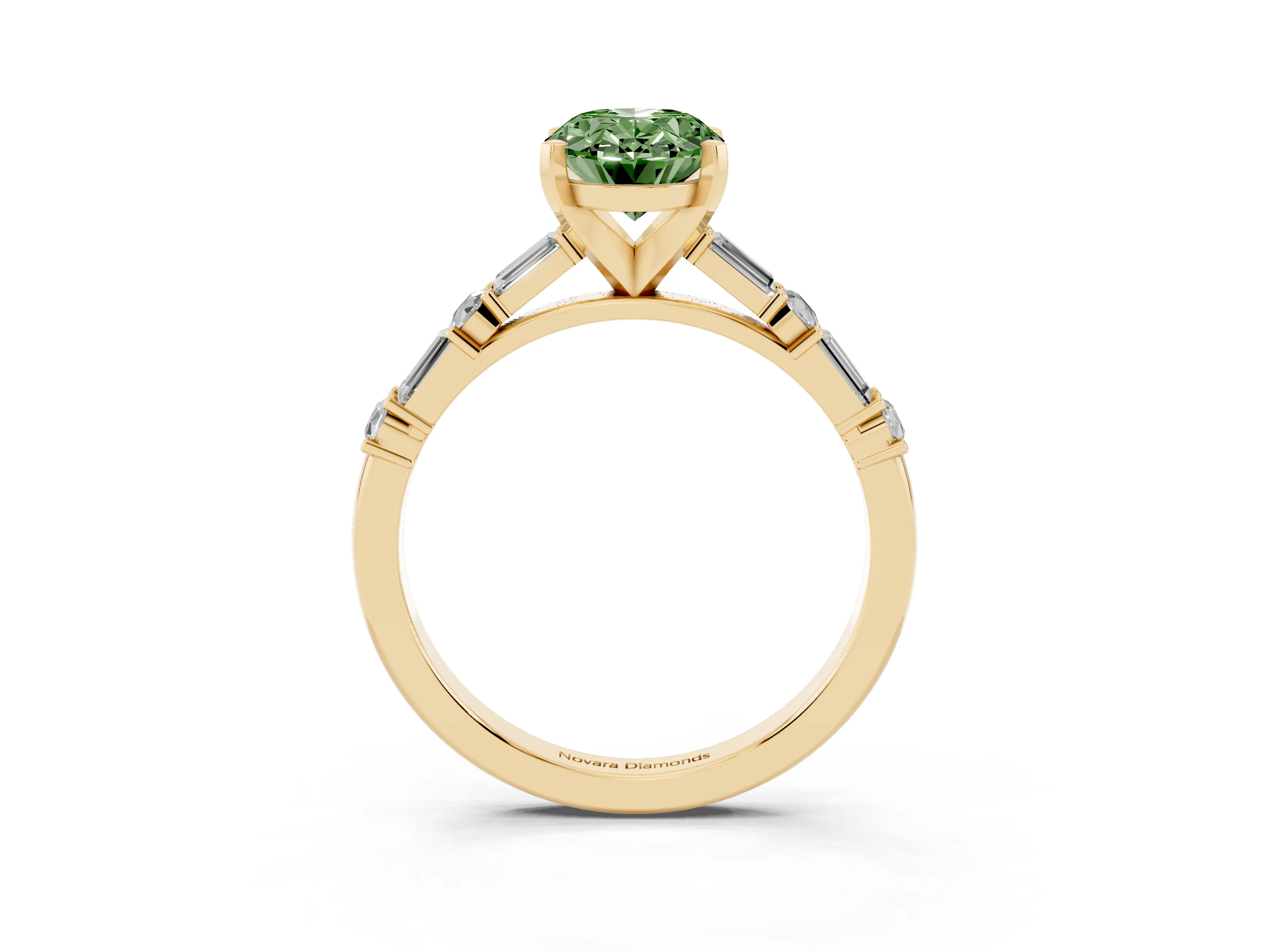 Fancy Green Oval Cut Diamond Solitaire Set in Yellow gold with Side Baguettes and Channel Set Band