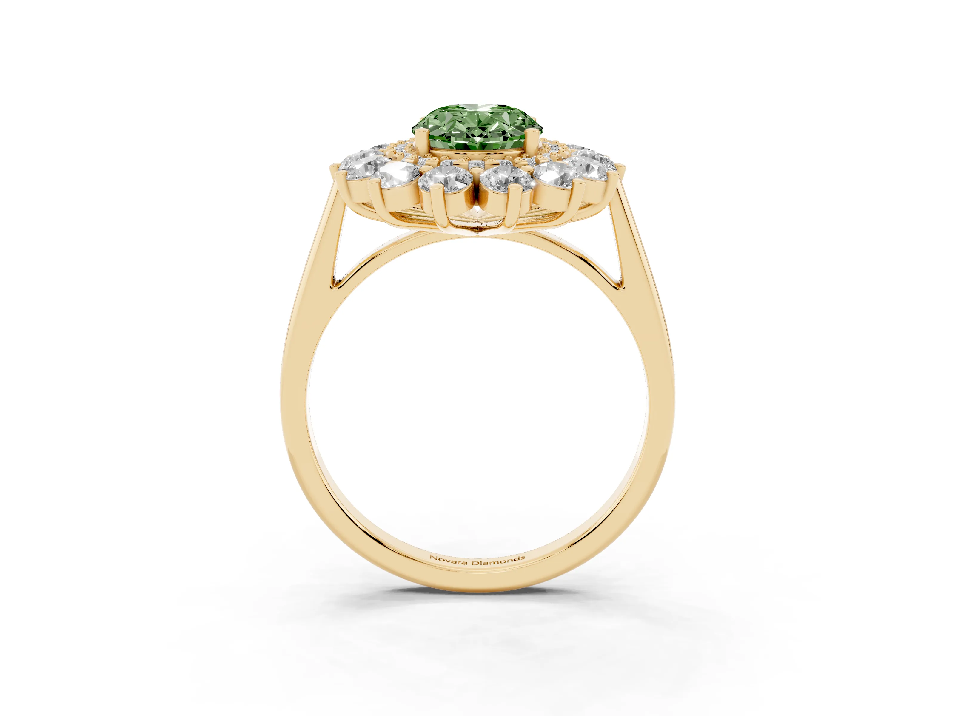 Fancy Green Oval Cut Diamond Floral Double Halo Ring Set in Yellow gold with Round Petals