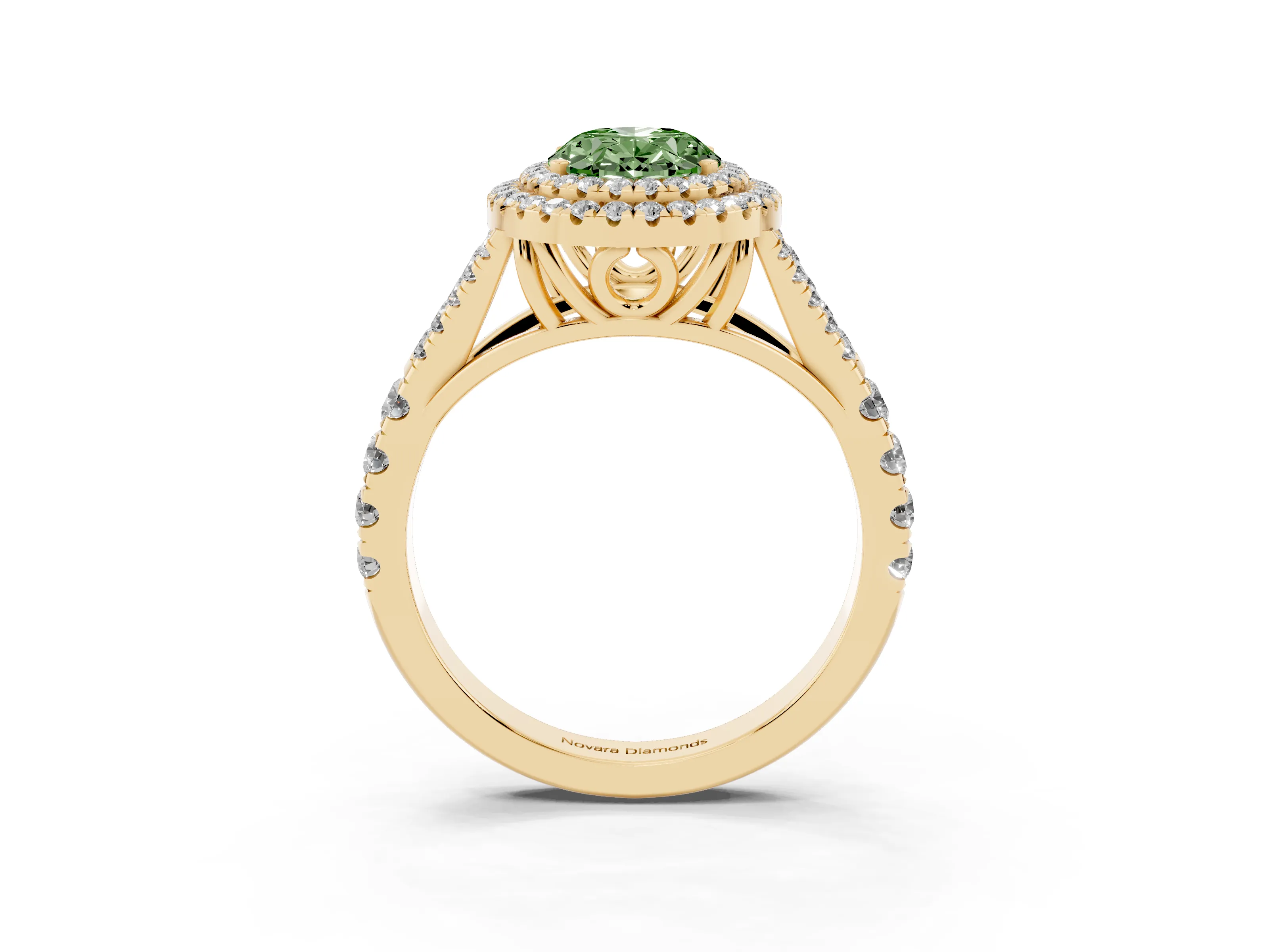 Fancy Green Oval Cut Diamond Pavé Split Shank Double Halo Engagement Ring Set in Yellow gold