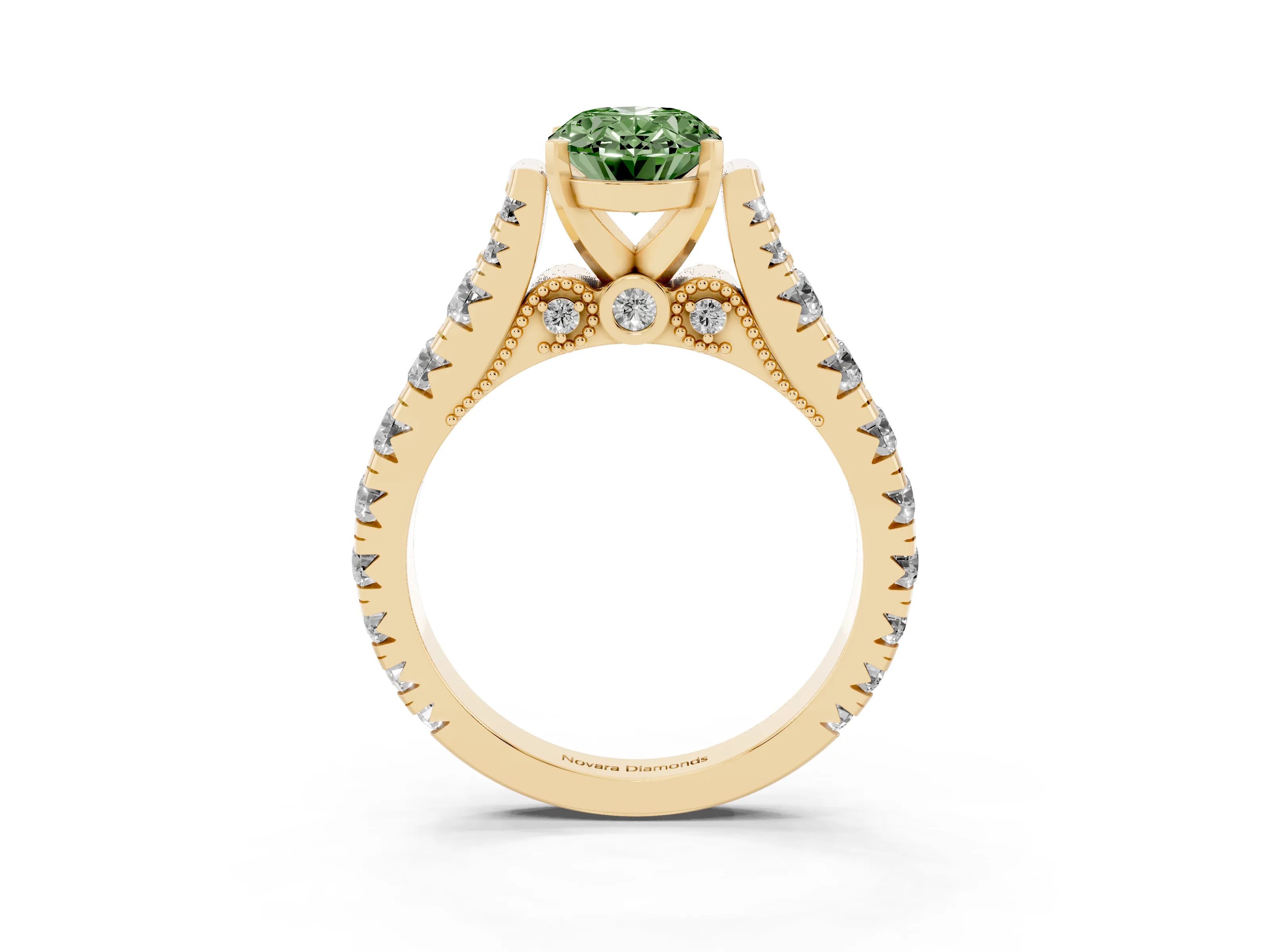 Fancy Green Oval Cut Diamond Classic Solitaire Ring Set in Yellow gold with Pavé Band and Prong Setting