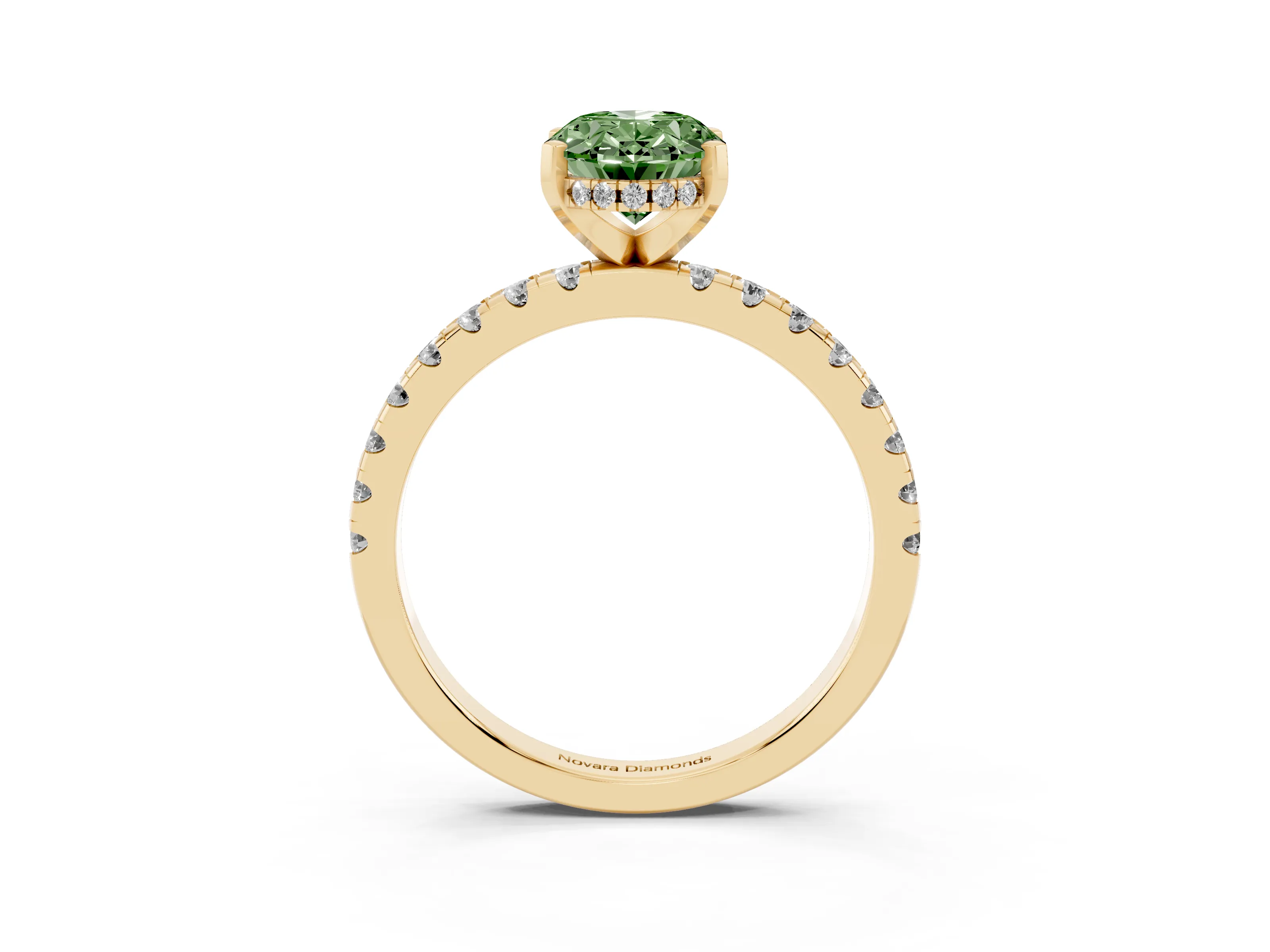 Fancy Green Oval Cut Diamond Pavé Solitaire Ring Set in Yellow gold with Round Band Accents and Prong Setting