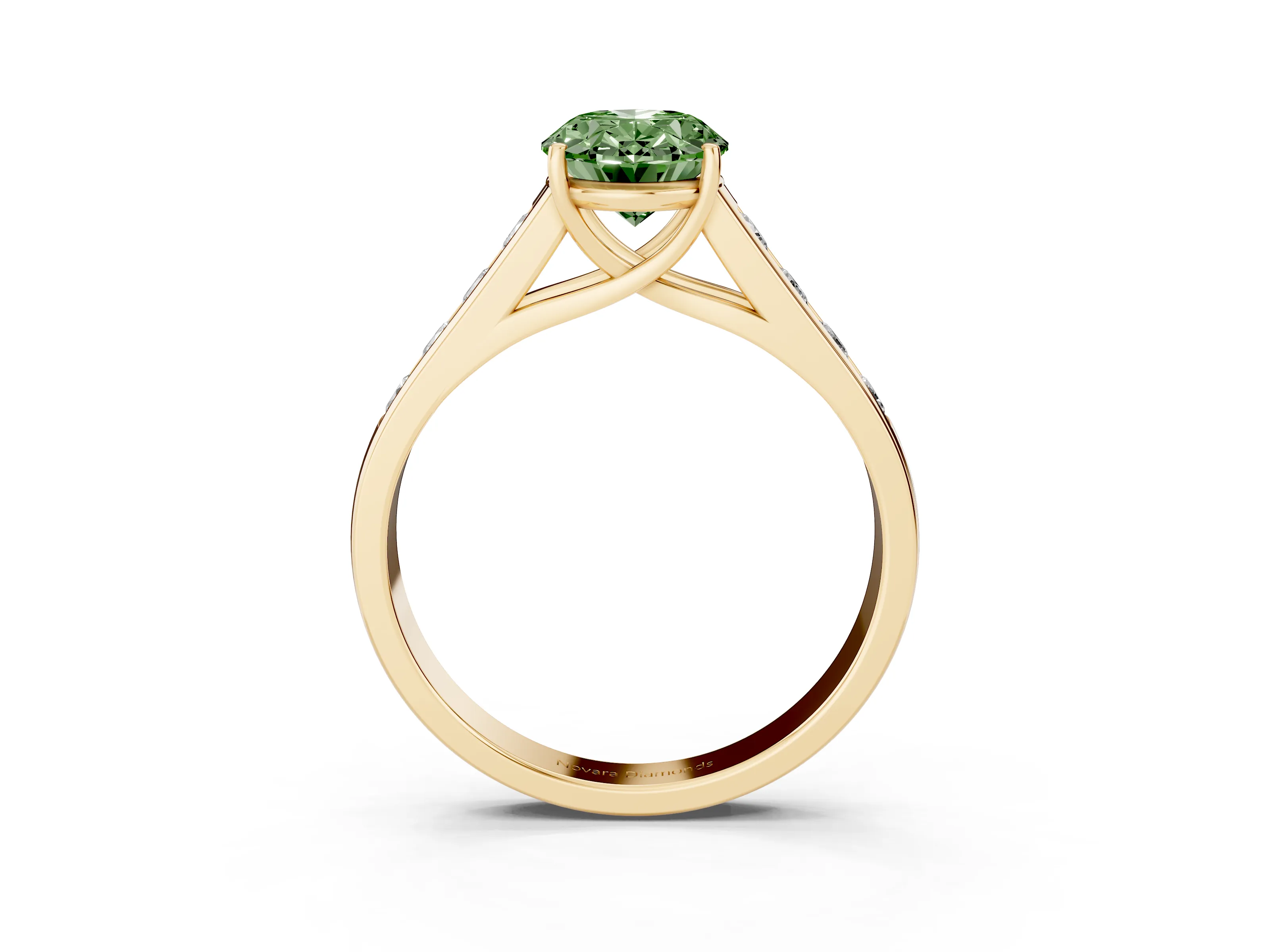 Fancy Green Oval Cut Diamond Solitaire Channel-Set Engagement Ring Set in Yellow gold with Prong Setting