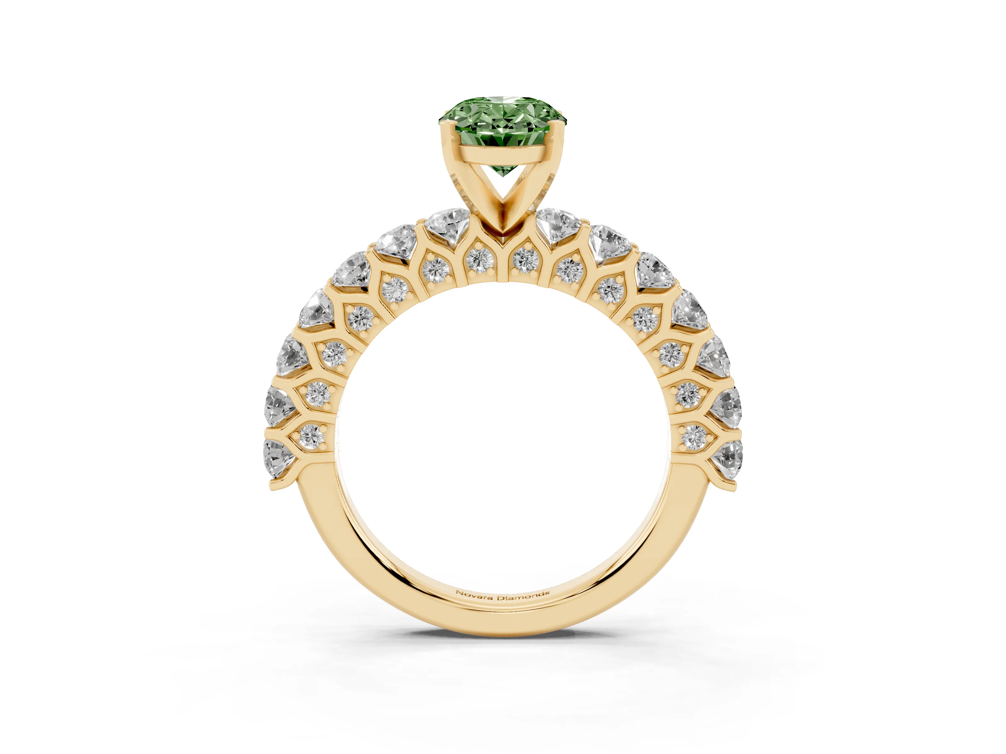 Fancy Green Oval Cut Diamond Solitaire Ring Set in Yellow gold with Shared Prong Pavé Band